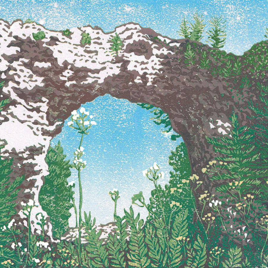 Close up of "Arch Rock," a block print by Peninsula Prints showcasing Arch Rock on Mackinac Island, Michigan.