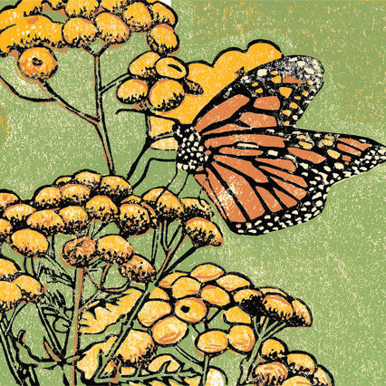 "Monarch on Tansy,"  a block print by Peninsula Prints featuring a monarch butterfly on yellow tansy against a green background.