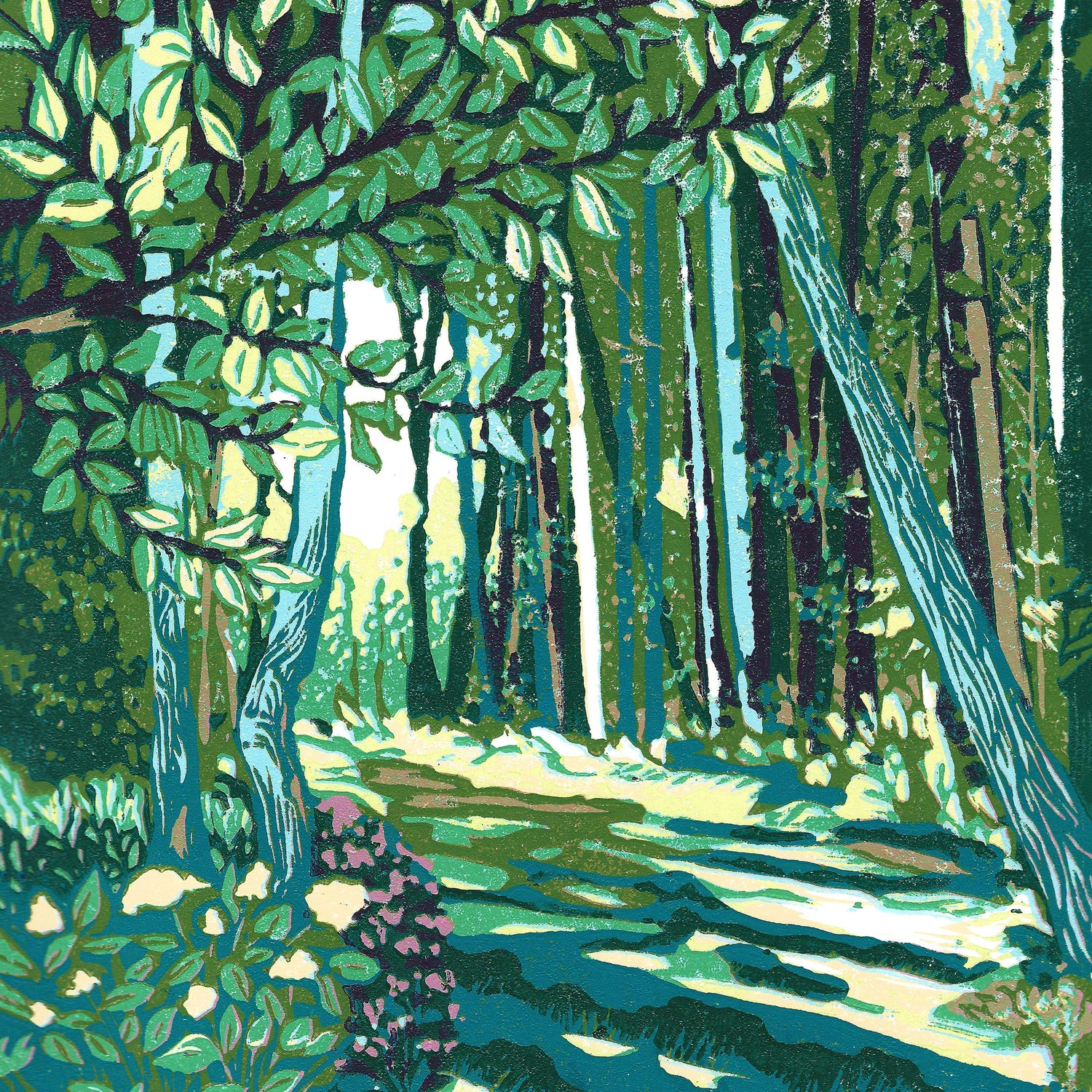 "Cedar Trail," a block print by Peninsula Prints of a path through a cedar forest.
