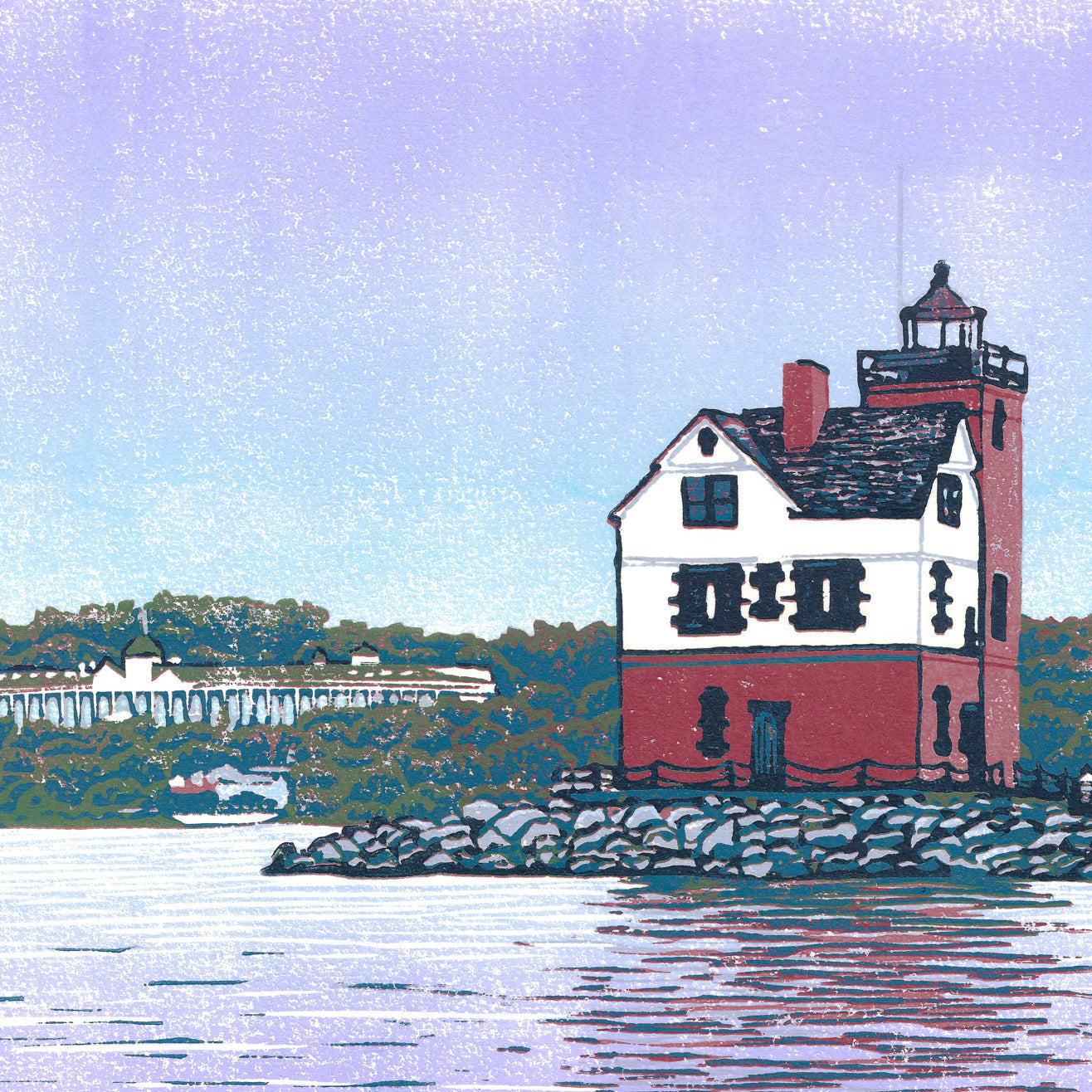 Thumbnail of block print "Rounding the Island," a sailboat's view of Round Island Lighthouse, and Mackinac Island and Grand Hotel in the background.