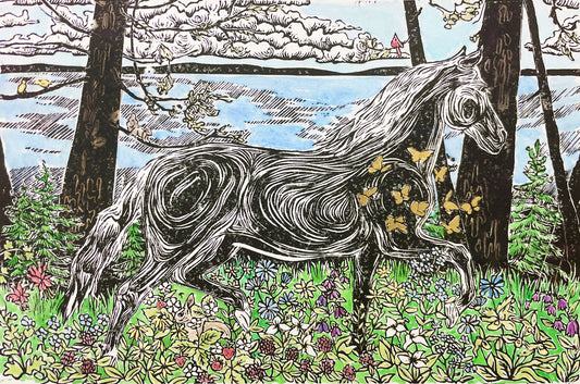 Morning Frolic #3 Original Block Print