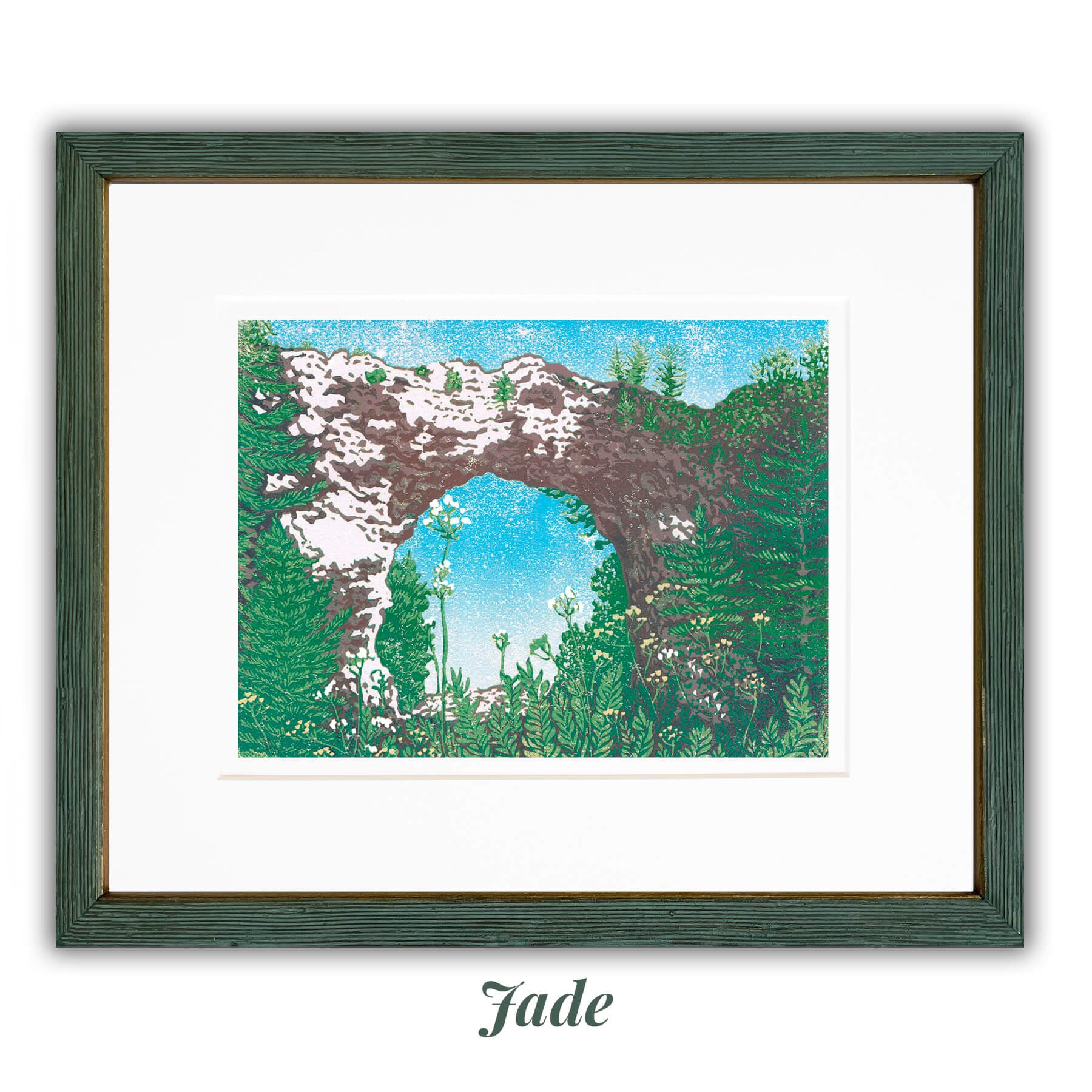 An eight-color 12" x 9" block print titled "Arch Rock" and inspired by the most iconic rock formation on Mackinac Island: Arch Rock. Framed with the Jade - Thick frame option.