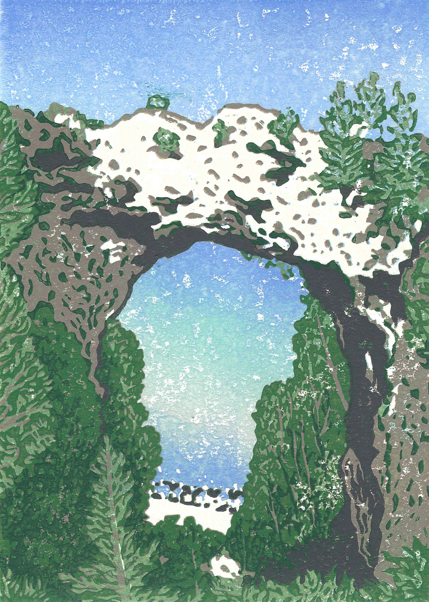 Commissioned 5x7 block print of Arch Rock from above, created for the Mackinac Associates.