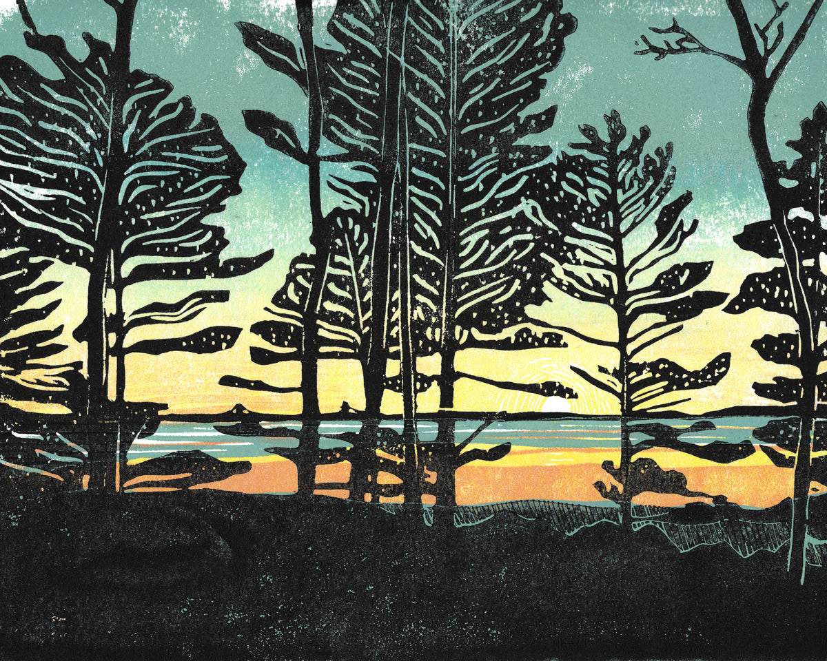 Commissioned 8x10 block print of a client's favorite view over Lake Huron.