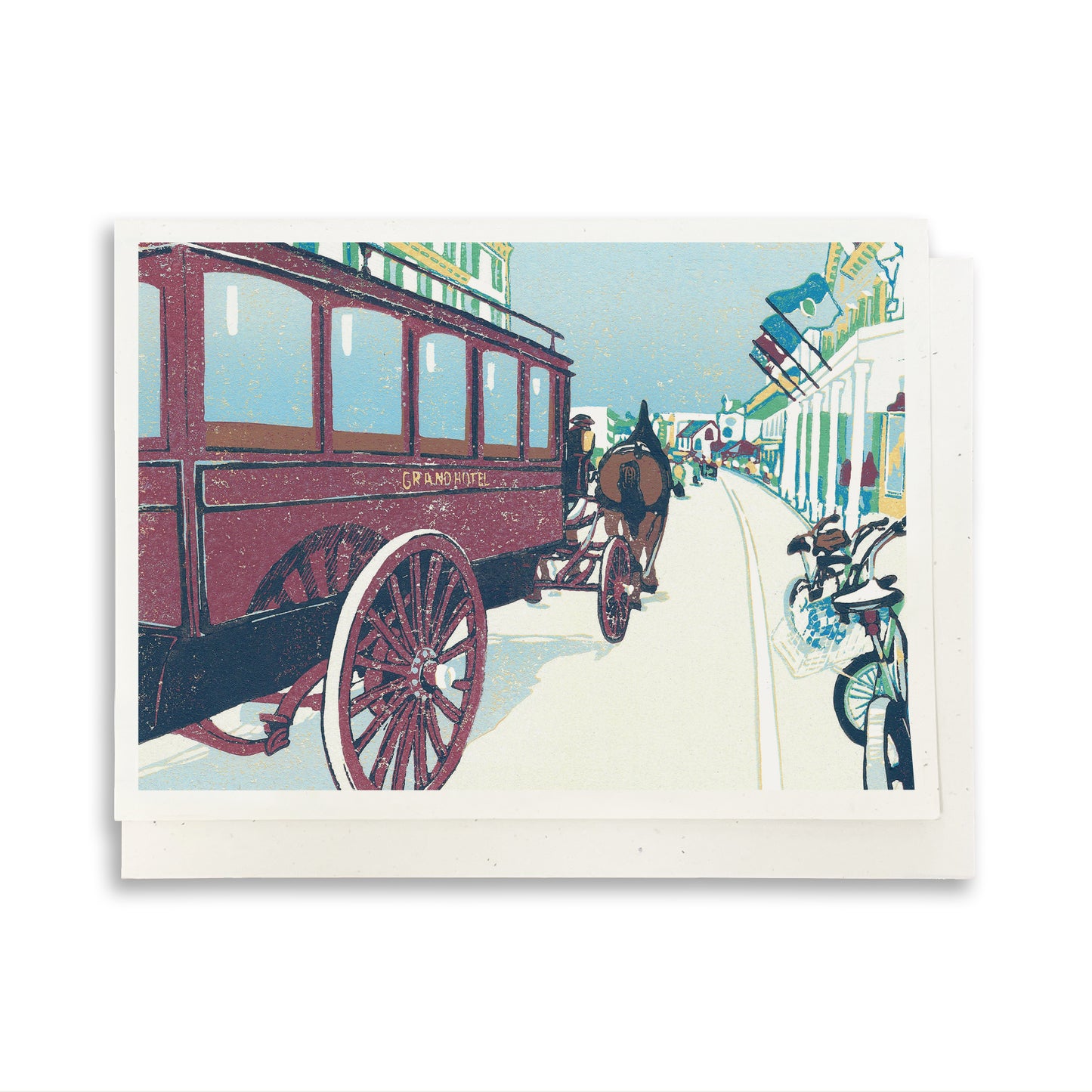 A casually elegant greeting card created from a digital reproduction of the block print Busy Main, done by Natalia Wohletz of Peninsula Prints.