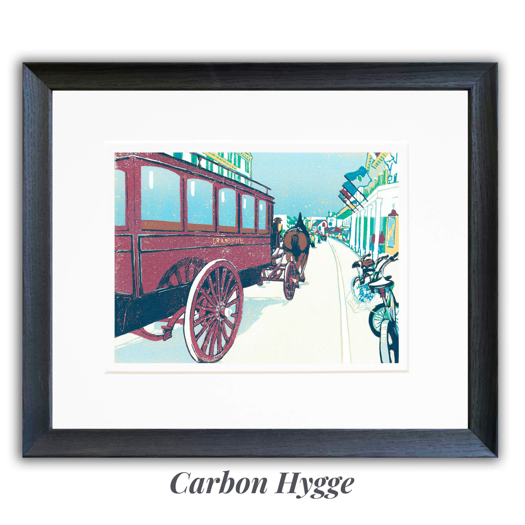 Busy Main is a nine-color 12" x 9" block print inspired by Main Street on Mackinac Island in July. Complete with bikes, a horse-drawn Grand Hotel Carriage and tourists, or "fudgies," this print captures the flow of traffic on the island. Matted in framed in the Carbon Hygge frame option.