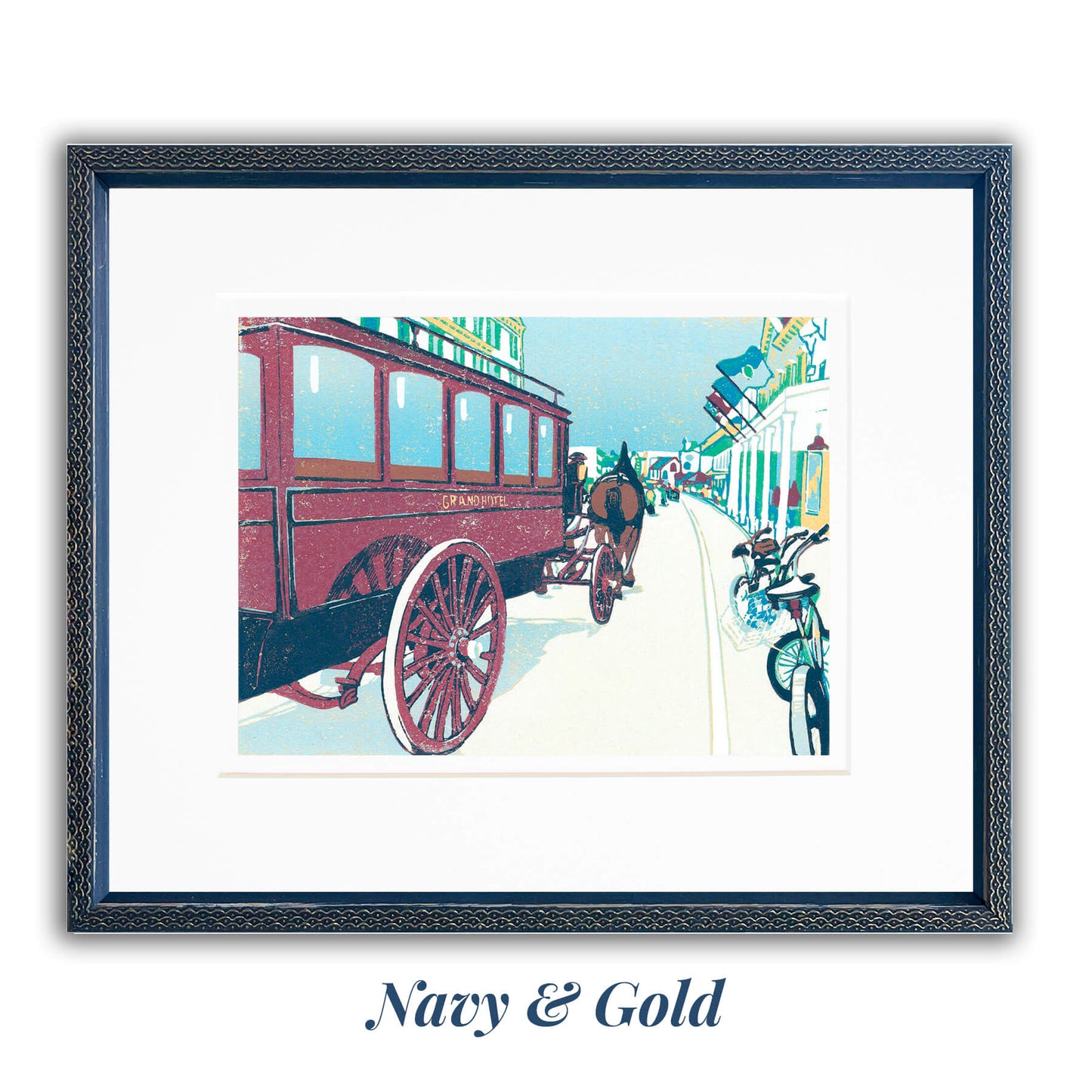Busy Main is a nine-color 12" x 9" block print inspired by Main Street on Mackinac Island in July. Complete with bikes, a horse-drawn Grand Hotel Carriage and tourists, or "fudgies," this print captures the flow of traffic on the island. Matted in framed in the Navy & Gold frame option.