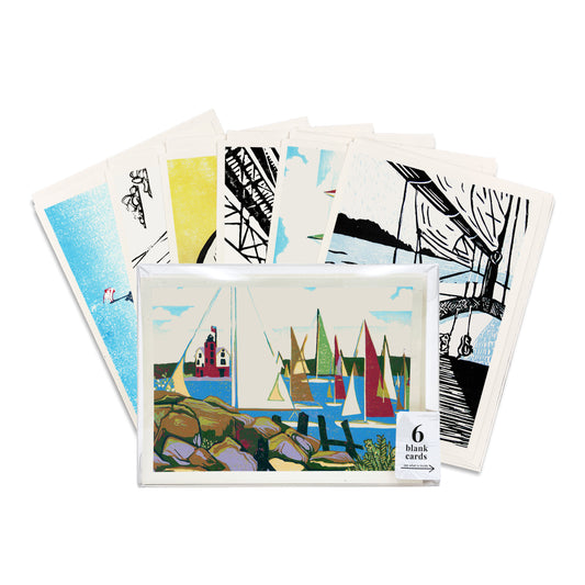 A boxed set of six casually elegant cards featuring sailing and Mackinac Bridge art by printmaker Natalia Wohletz of Peninsula Prints.