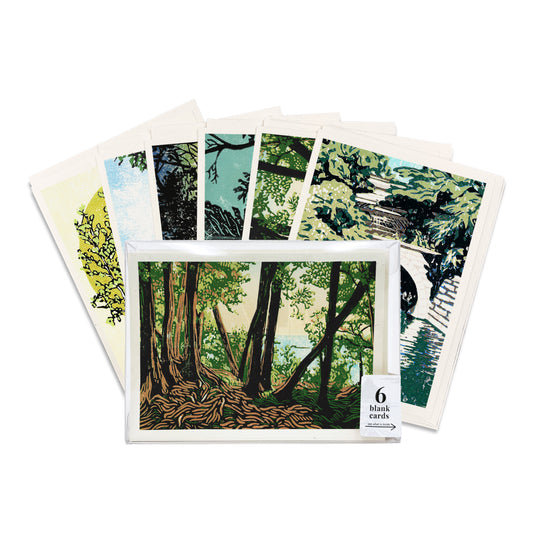 A boxed set of six casually elegant cards featuring digital reproductions of Natalia’s Mackinac Island landscapes block print designs.