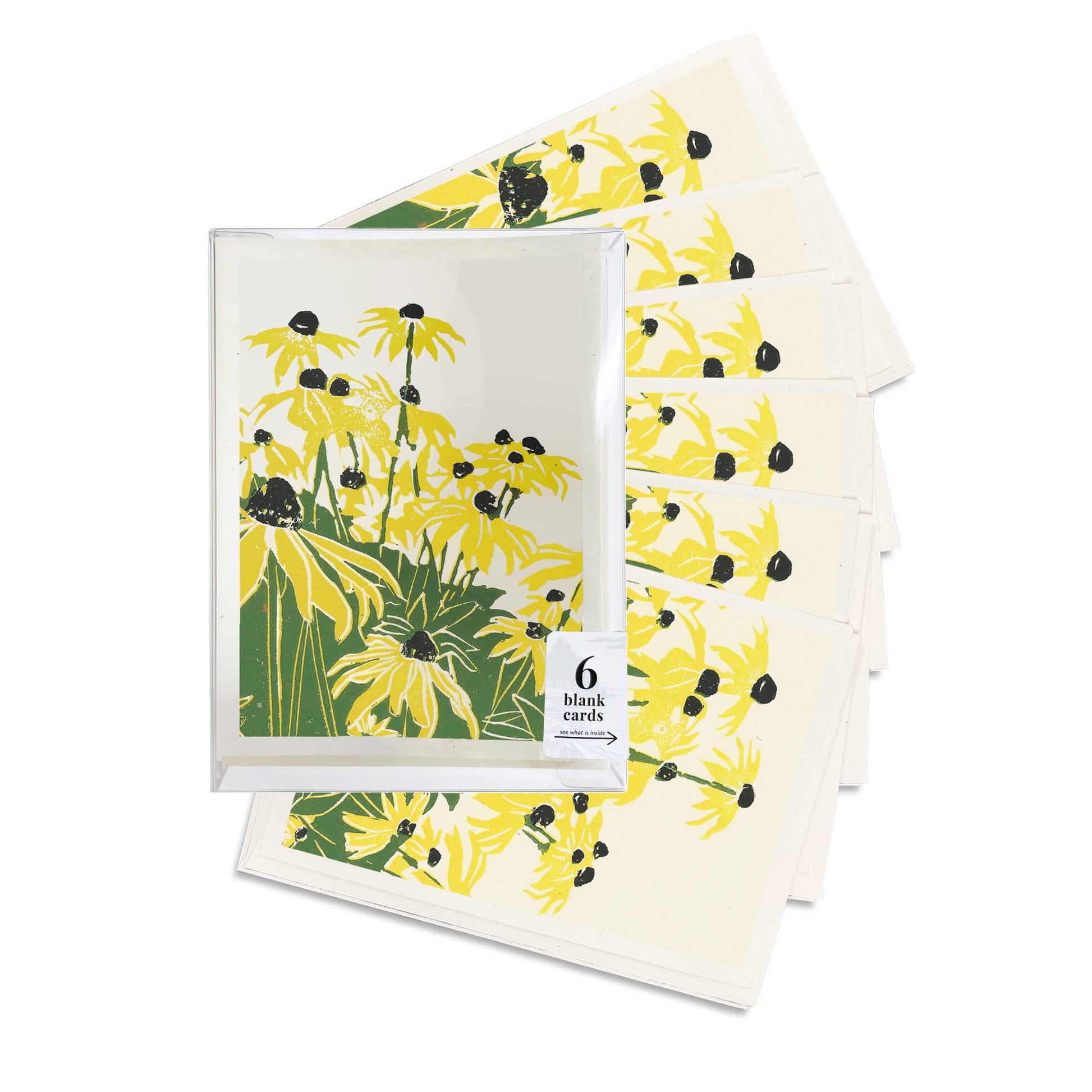 A boxed set of six casually elegant cards featuring floral art by Natalia Wohletz titled Black Eyed Susan's.