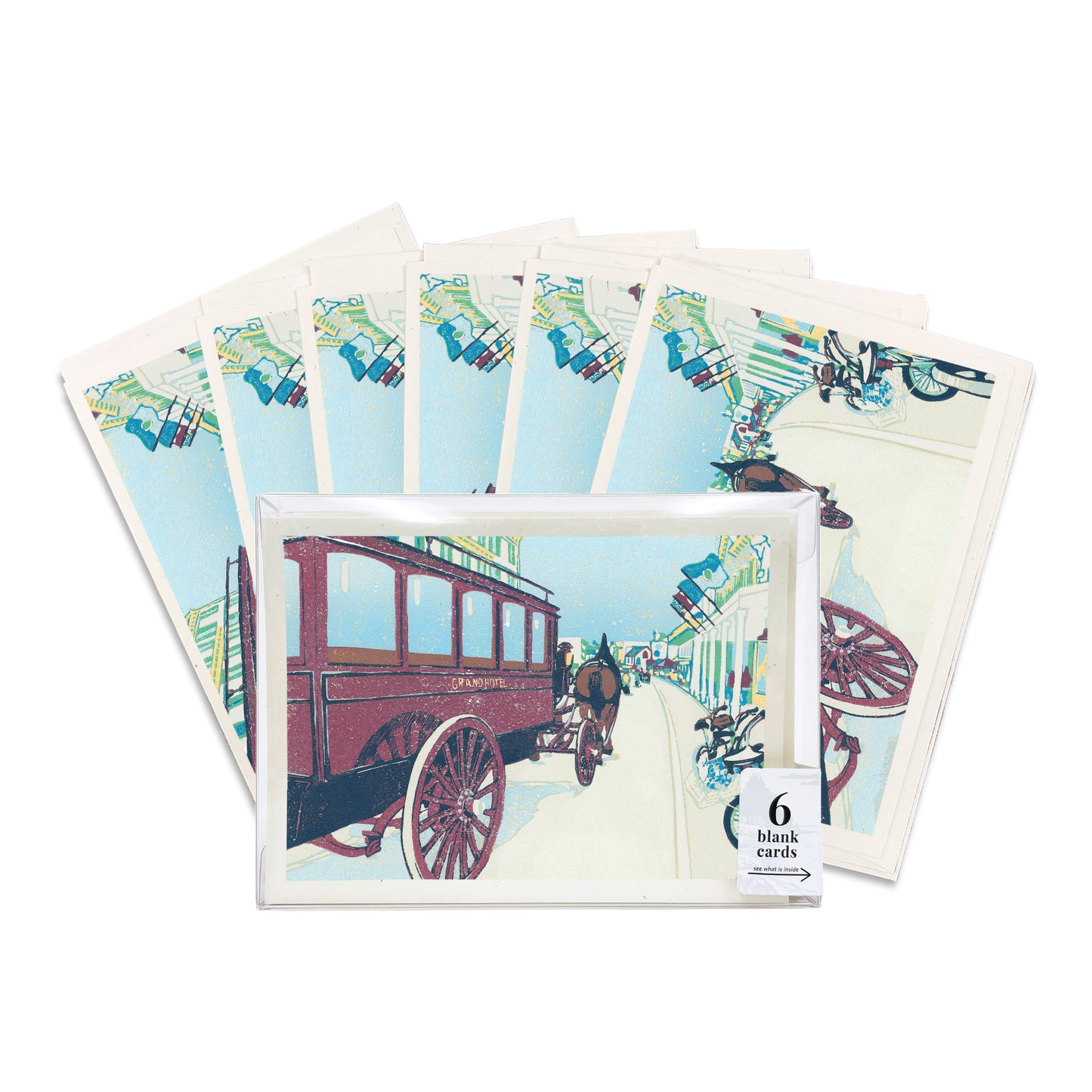 A boxed set of six casually elegant greeting cards created from a digital reproduction of the block print Busy Main, done by Natalia Wohletz of Peninsula Prints.