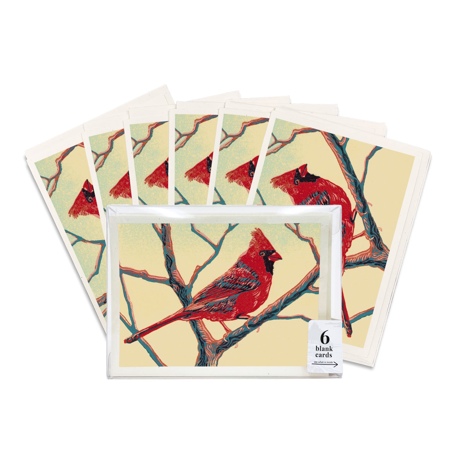 A boxed set of six casually elegant cards featuring Michigan wildlife art by Natalia Wohletz titled Cardinal.