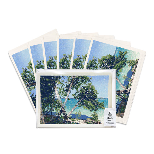 A boxed set of six casually elegant greeting cards based off of the block print Cedar Beach by Natalia Wohletz of Peninsula Prints.