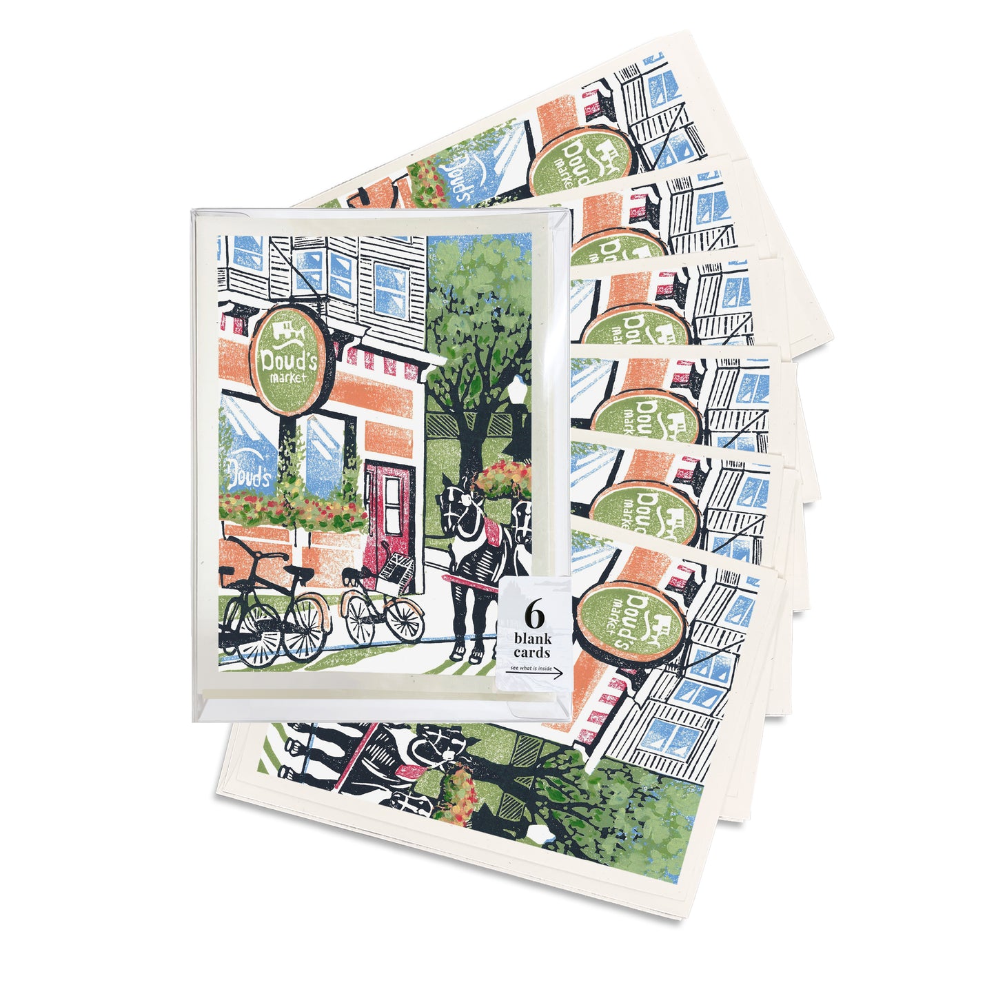 A boxed set of six casually elegant cards featuring Mackinac Island art by Natalia Wohletz of Peninsula Prints titled Doud's Market #2.