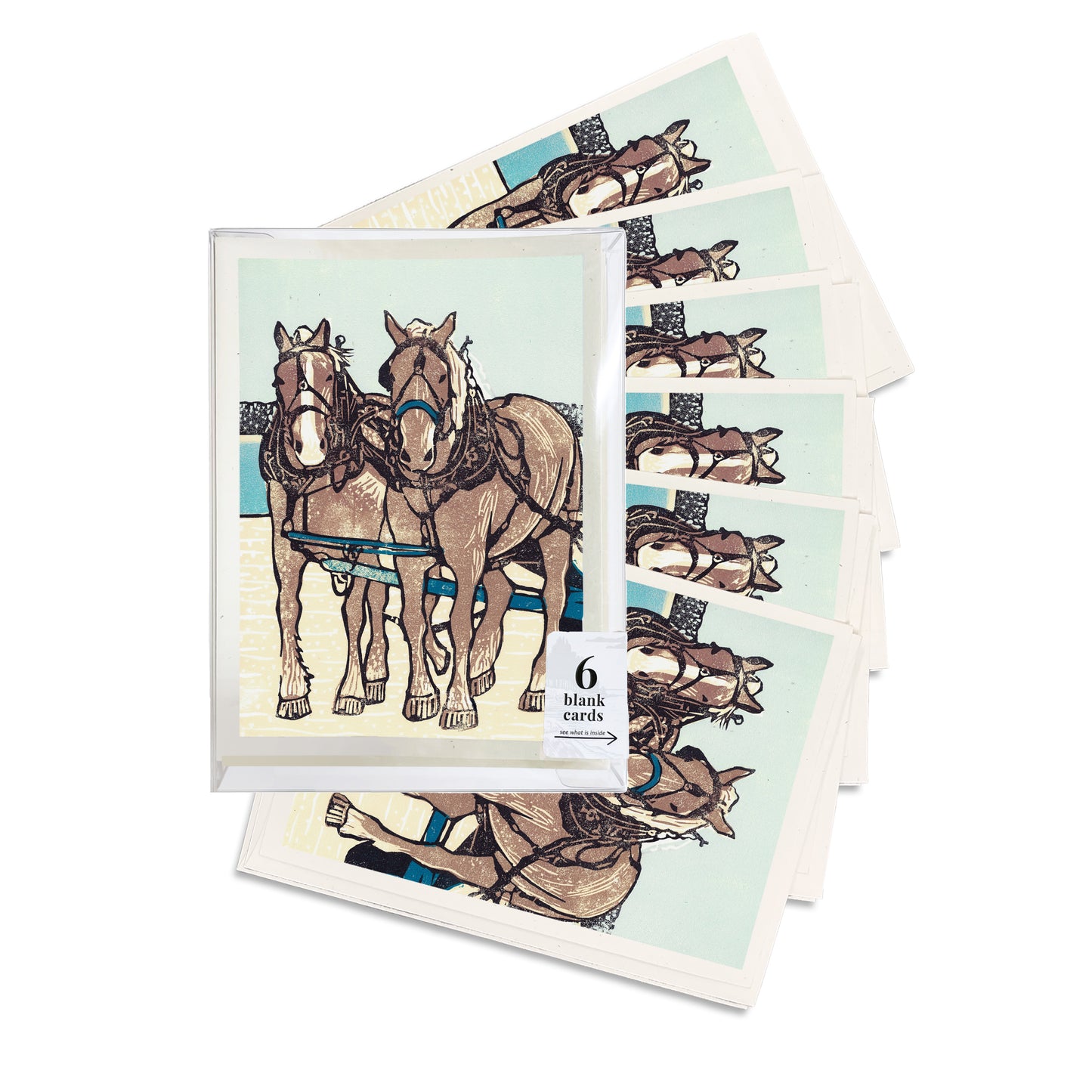 A casually elegant card featuring horse art by Natalia Wohletz titled Dray Team on the Dock.