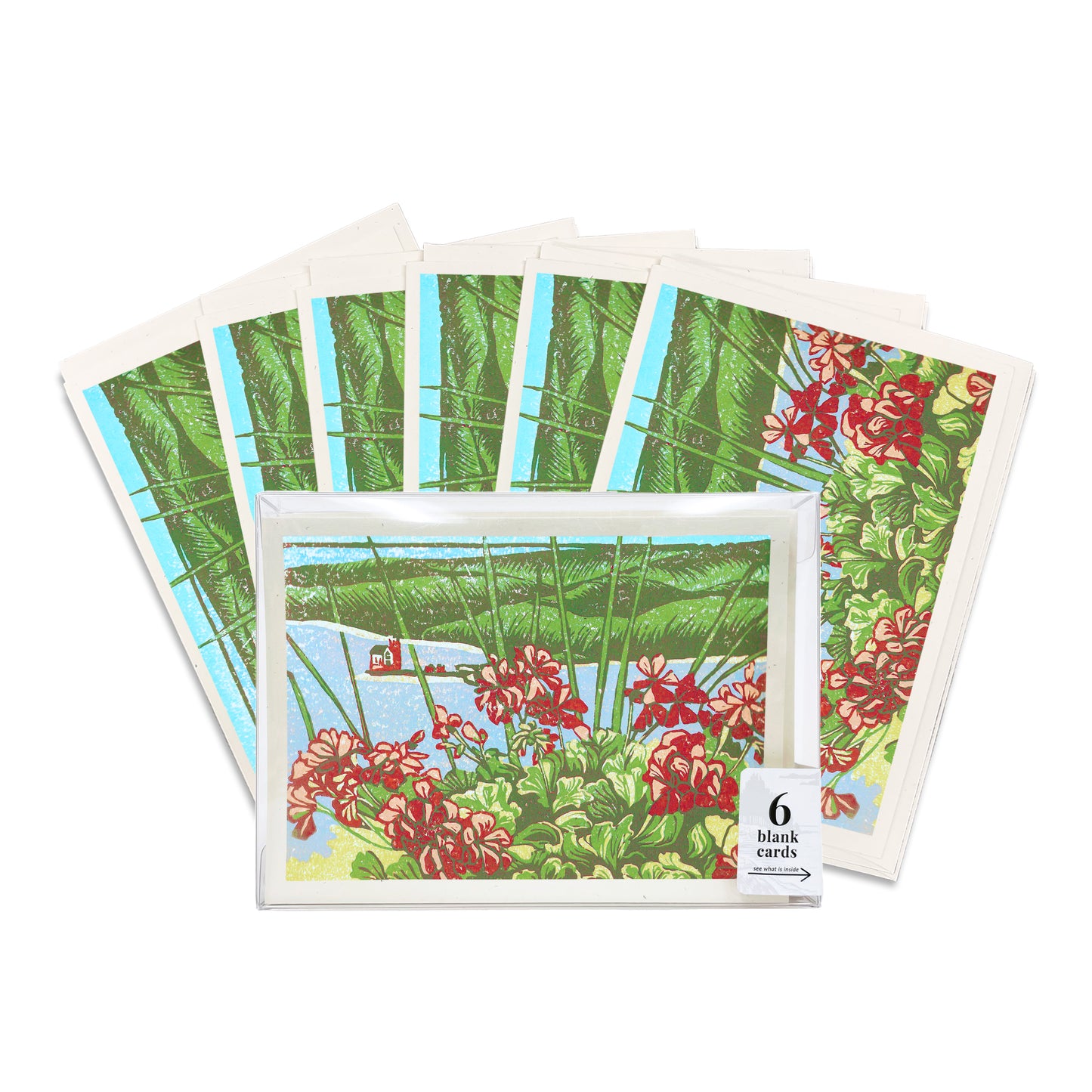 A boxed set of six casually elegant cards featuring Mackinac Island art by Natalia Wohletz of Peninsula Prints titled Grand Geranium View.