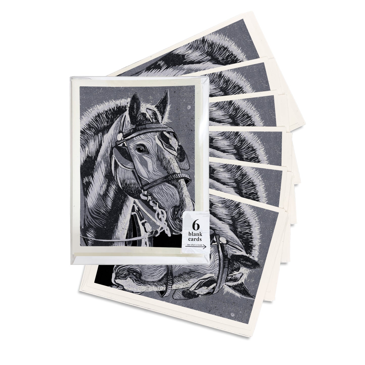 A boxed set of six casually elegant cards featuring Mackinac Island horses art by Natalia Wohletz of Peninsula Prints titled Horse in Monochrome.