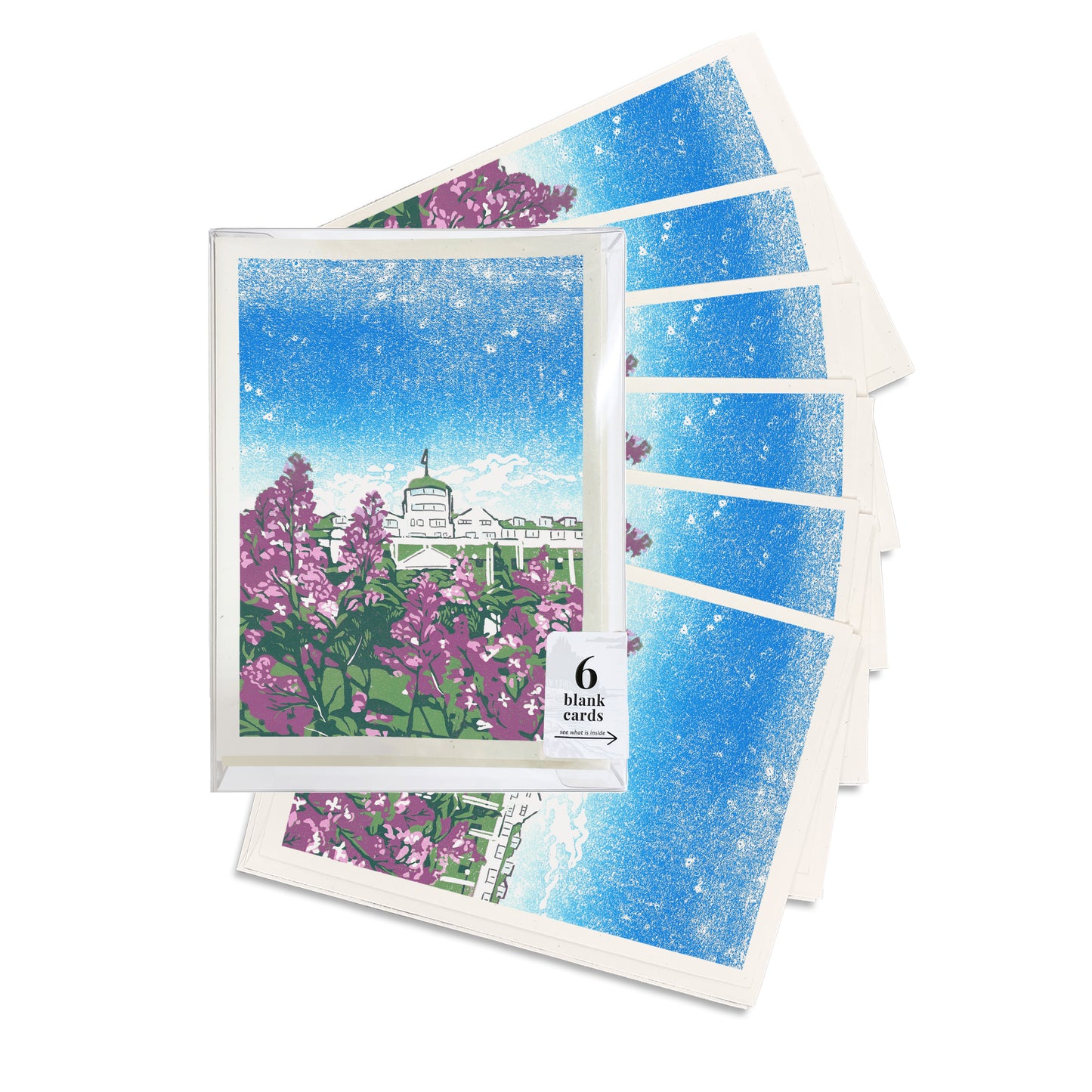 A boxed set of six casually elegant cards featuring a digital reproduction of Natalia’s block print design titled June at the Grand.