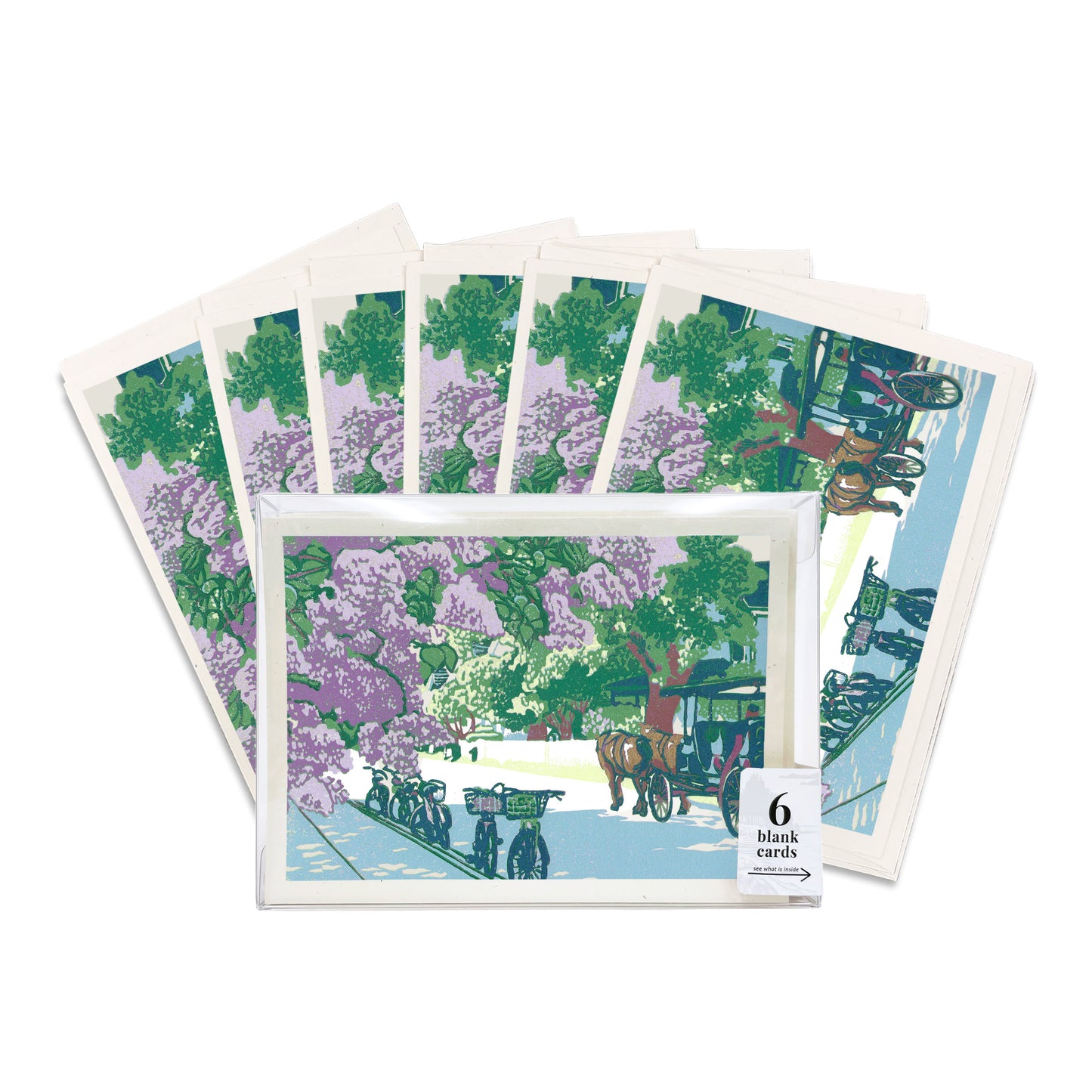 A boxed set of six casually elegant greeting cards featuring a digital reproduction of Lilac Avenue, an original block print by Natalia Wohletz of Peninsula Prints.