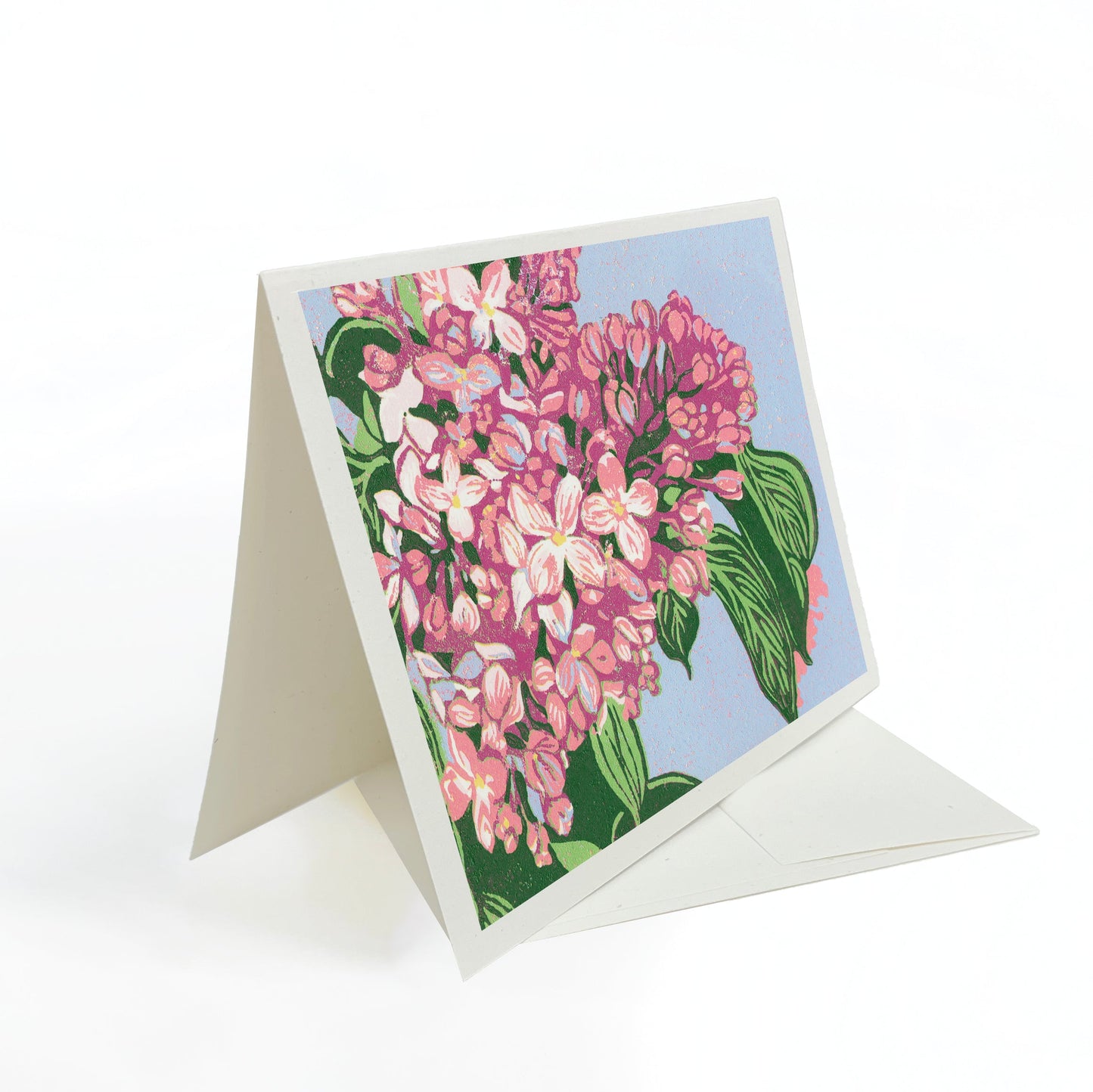 Blank greeting card featuring the block print "Lilacs" by Natalia Wohletz of Peninsula Prints.