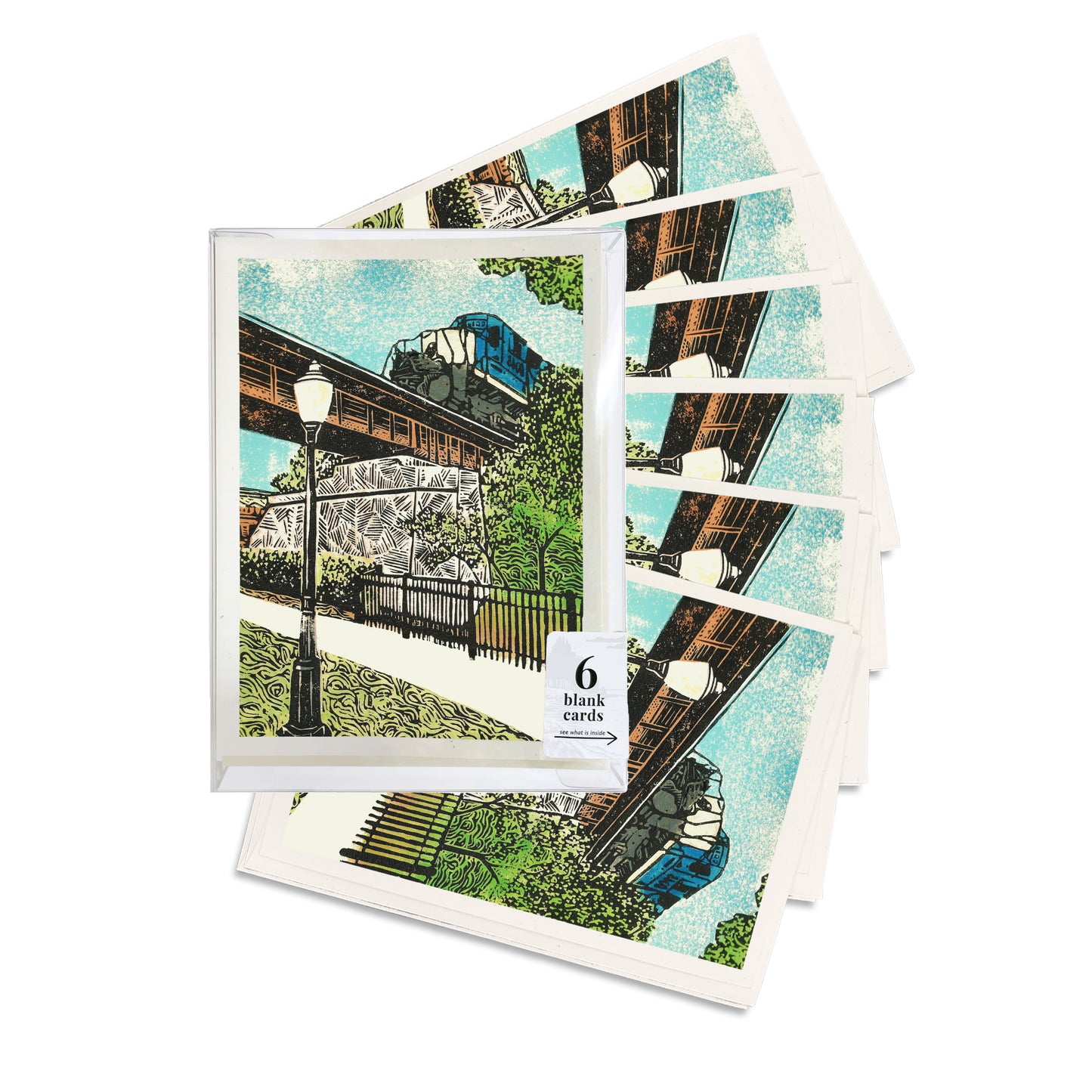 A box set of six casually elegant cards featuring Milford, Michigan, art by Natalia Wohletz titled Milford Train.