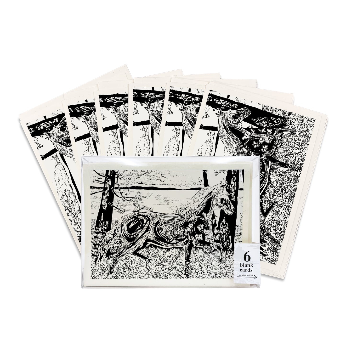 A boxed set of six casually elegant cards featuring horse art by Natalia Wohletz titled Morning Frolic.