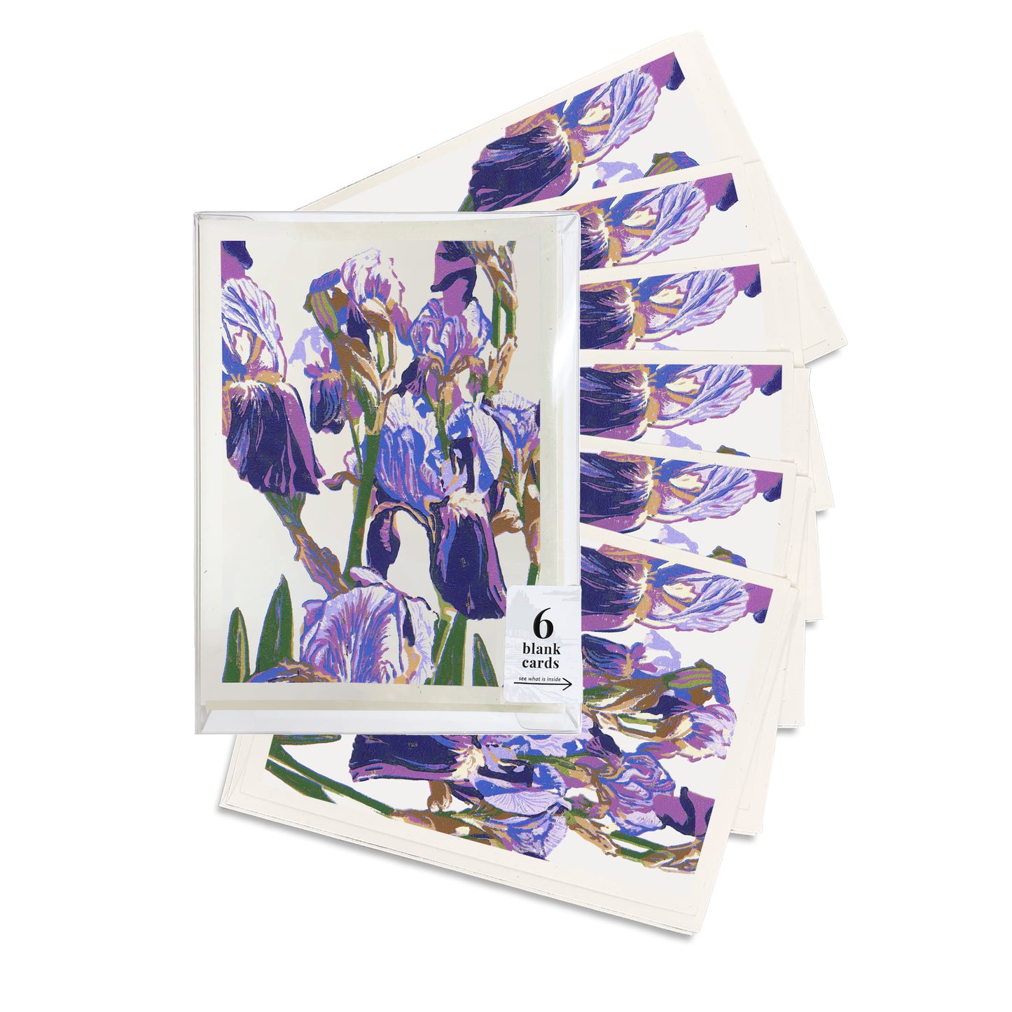 A boxed set of six casually elegant cards featuring floral art by Natalia Wohletz titled Purple Iris.