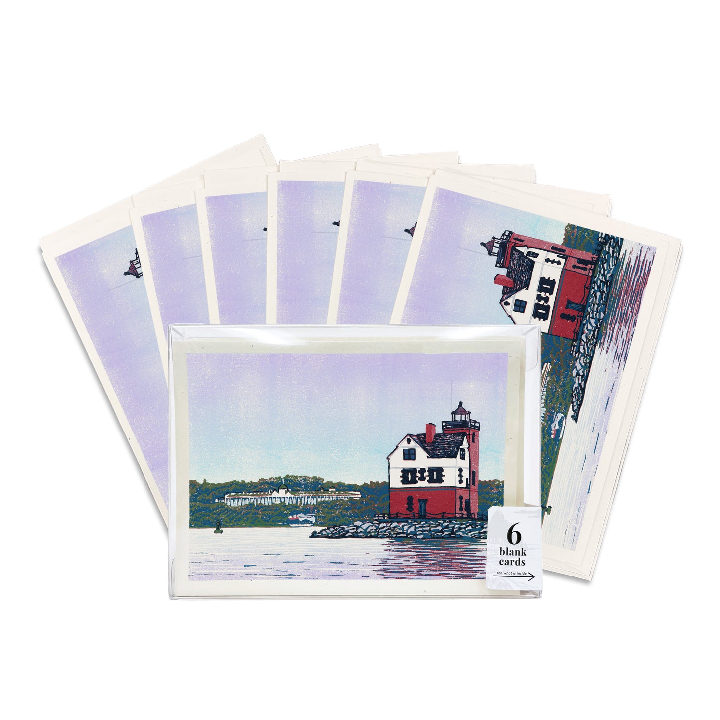 A boxed set of six casually elegant cards featuring Round Island Lighthouse art by Natalia Wohletz of Peninsula Prints titled Rounding the Island.