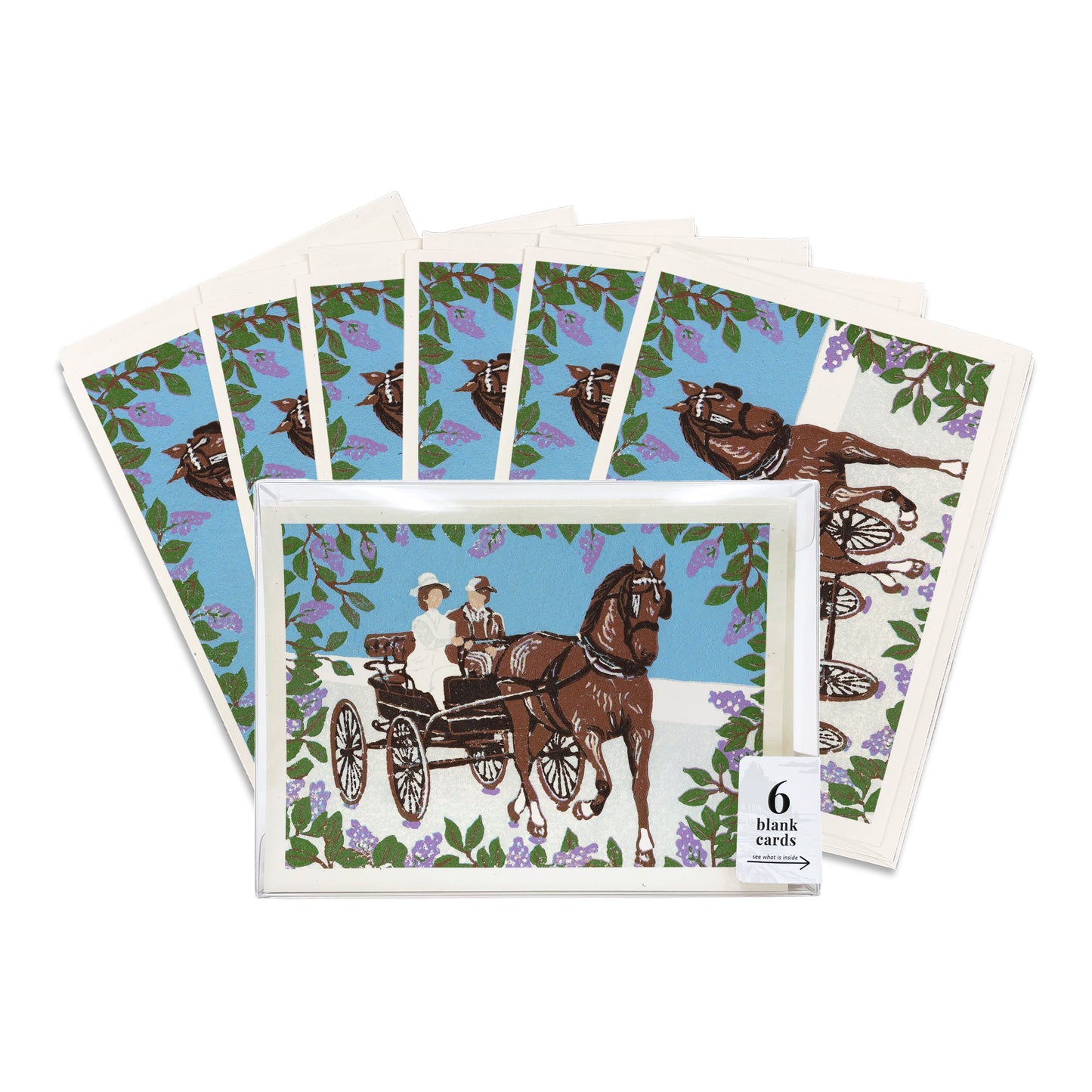 Set of six blank greeting cards featuring the block print "Somewhere in Time Carriage Ride" by Natalia Wohletz of Peninsula Prints.