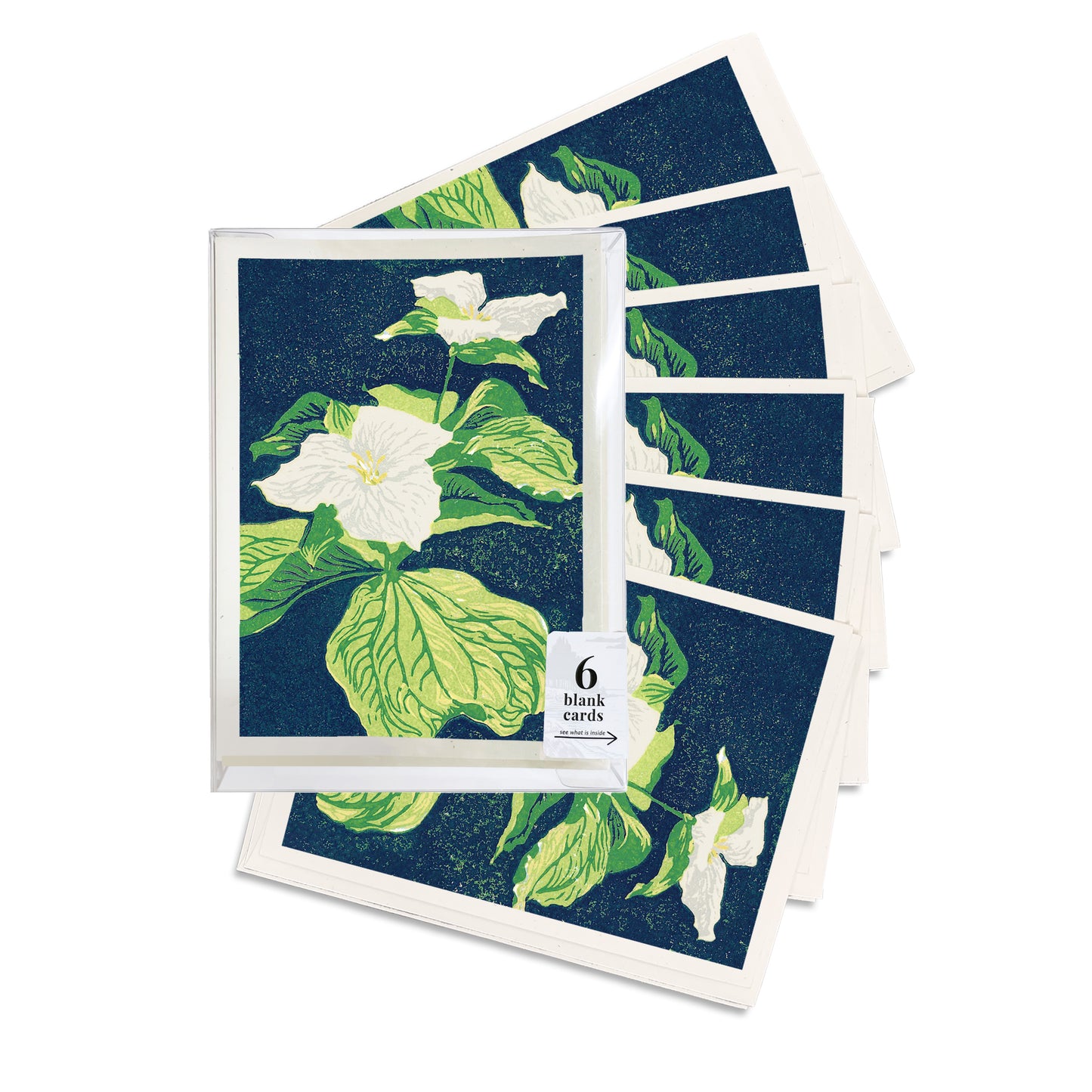 A pack of 6 blank A6 greeting card featuring a block print of two trillium flowers.