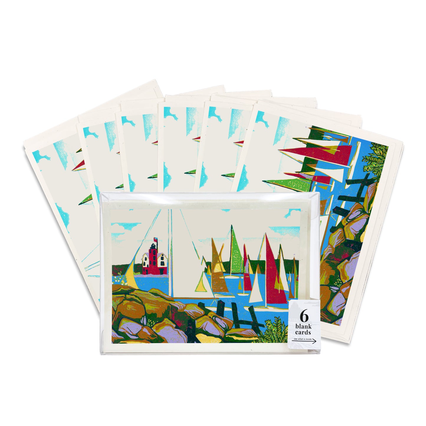 A boxed set of six casually elegant cards featuring sailing art by Natalia Wohletz of Peninsula Prints titled Yacht Race.