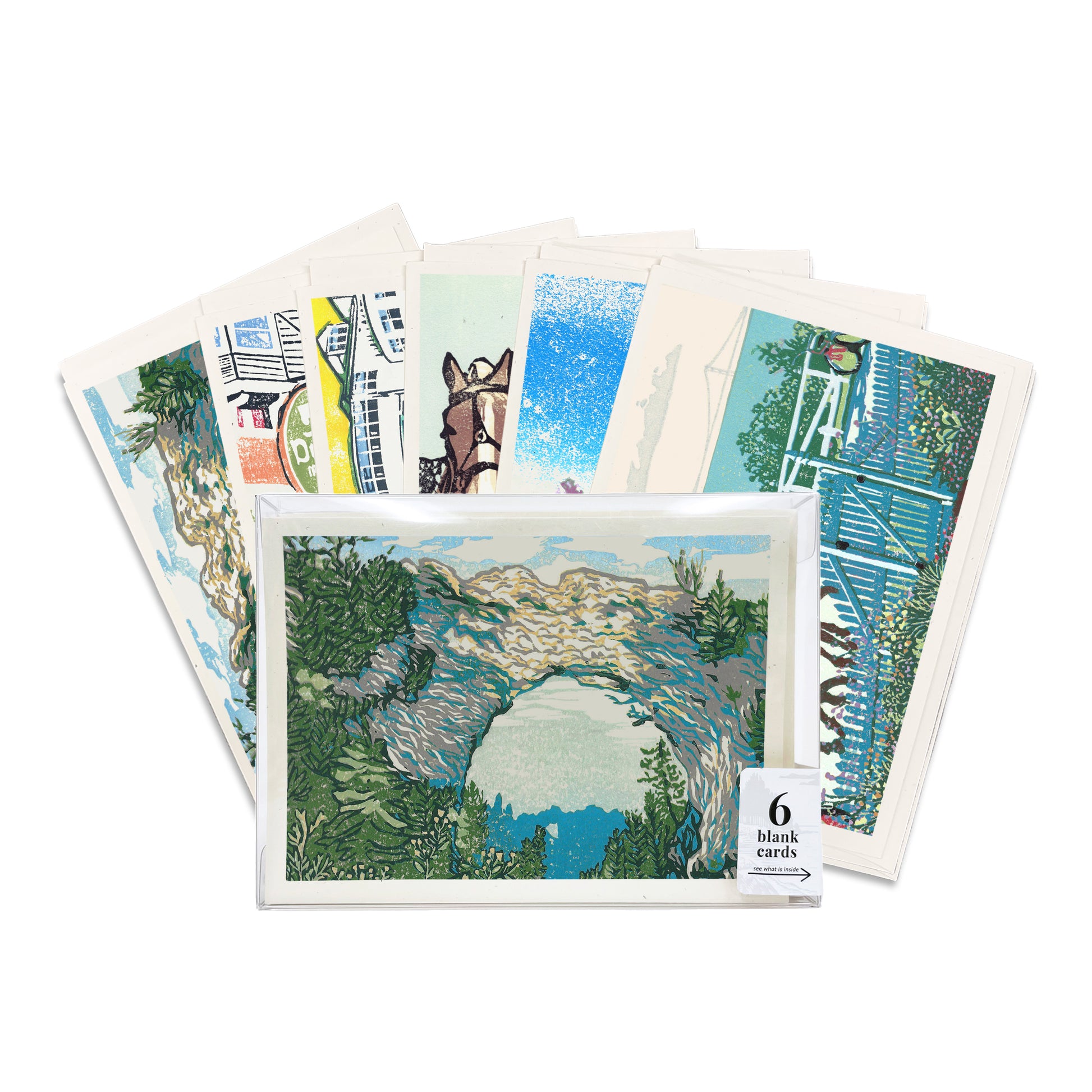 A boxed set of six casually elegant cards featuring digital reproductions of Natalia’s Mackinac Island themed block print designs.