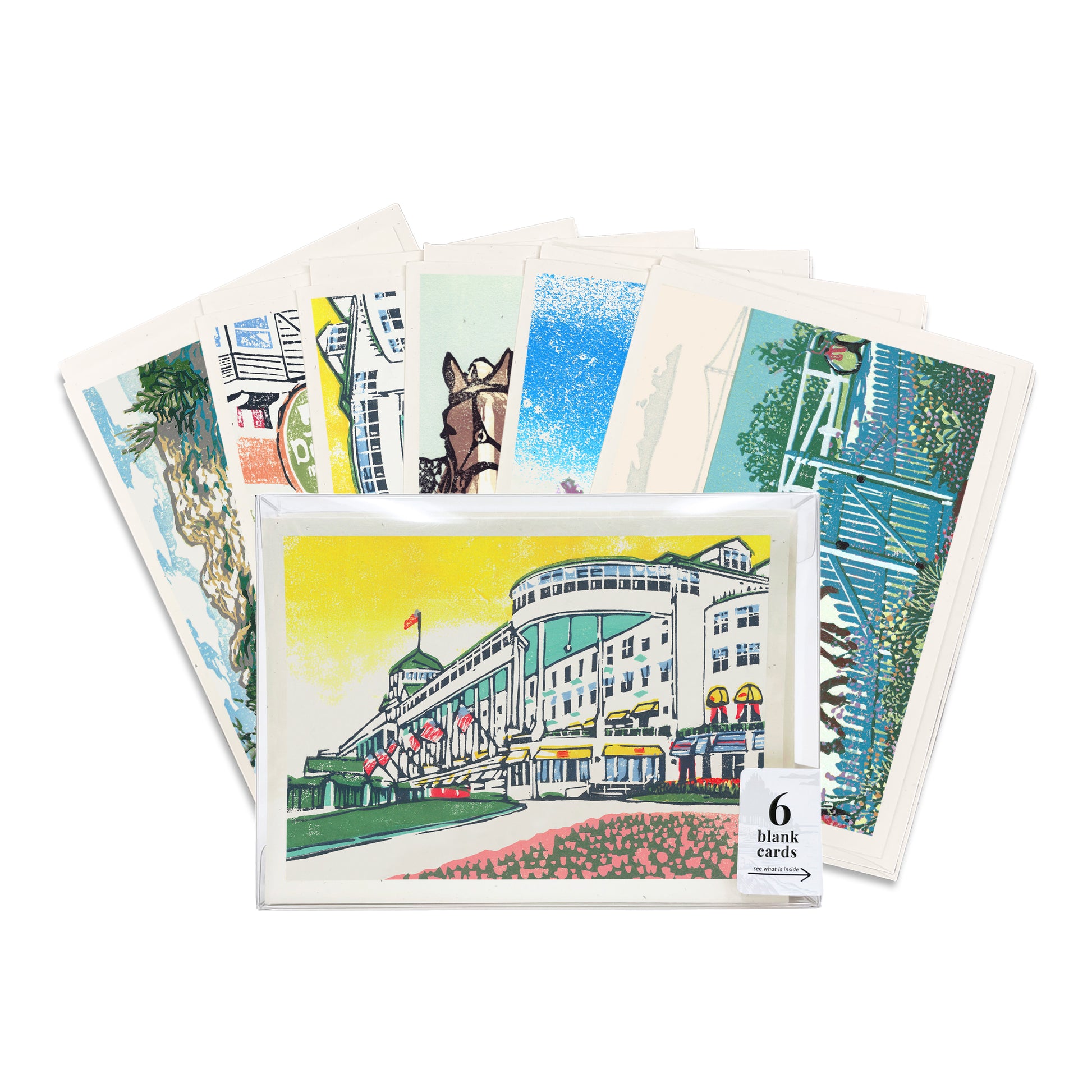 A boxed set of six casually elegant cards featuring digital reproductions of Natalia’s Mackinac Island themed block print designs.