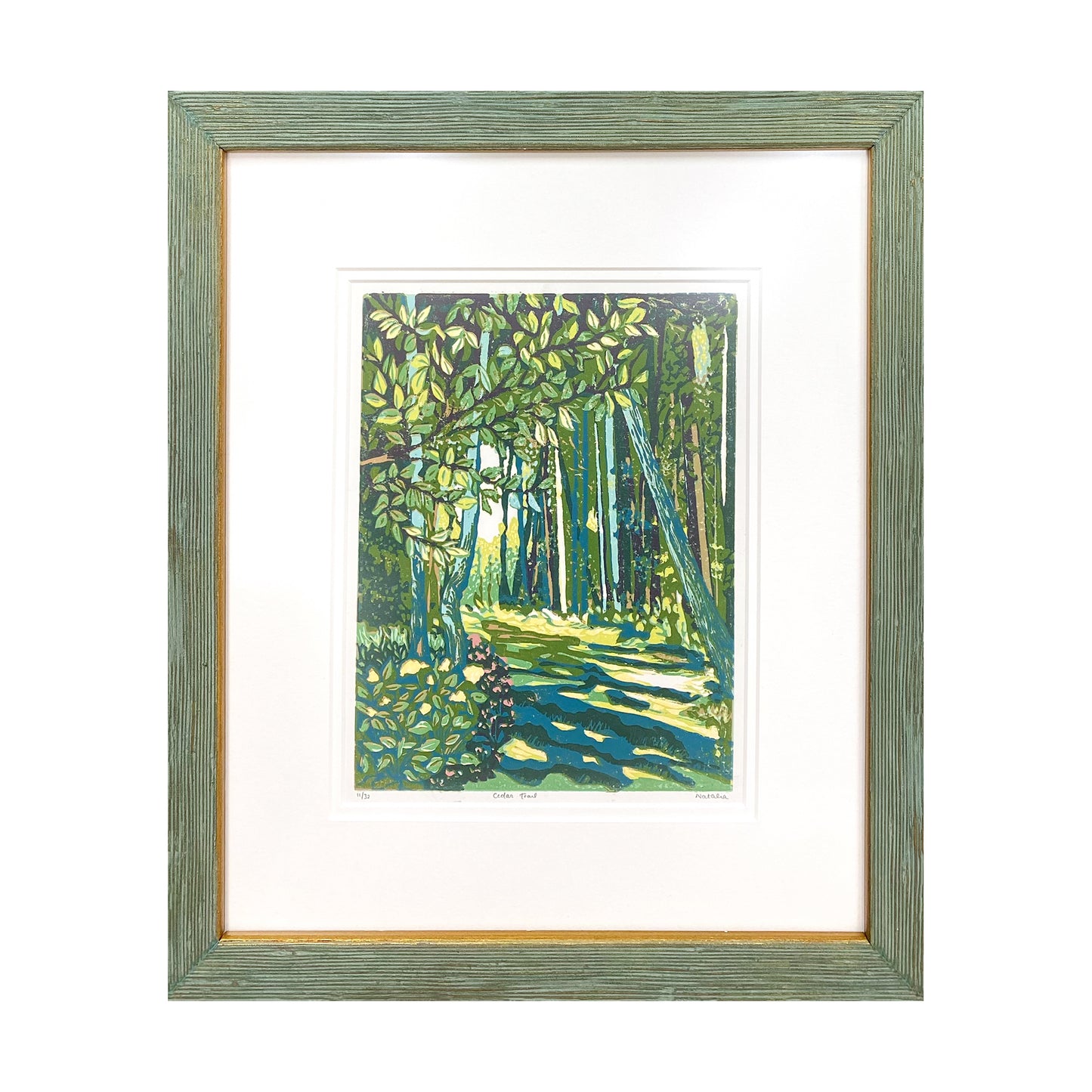 Cedar Trail Original Block Print by Natalia Wohletz of Peninsula Prints.  Presented in a Bella frame.