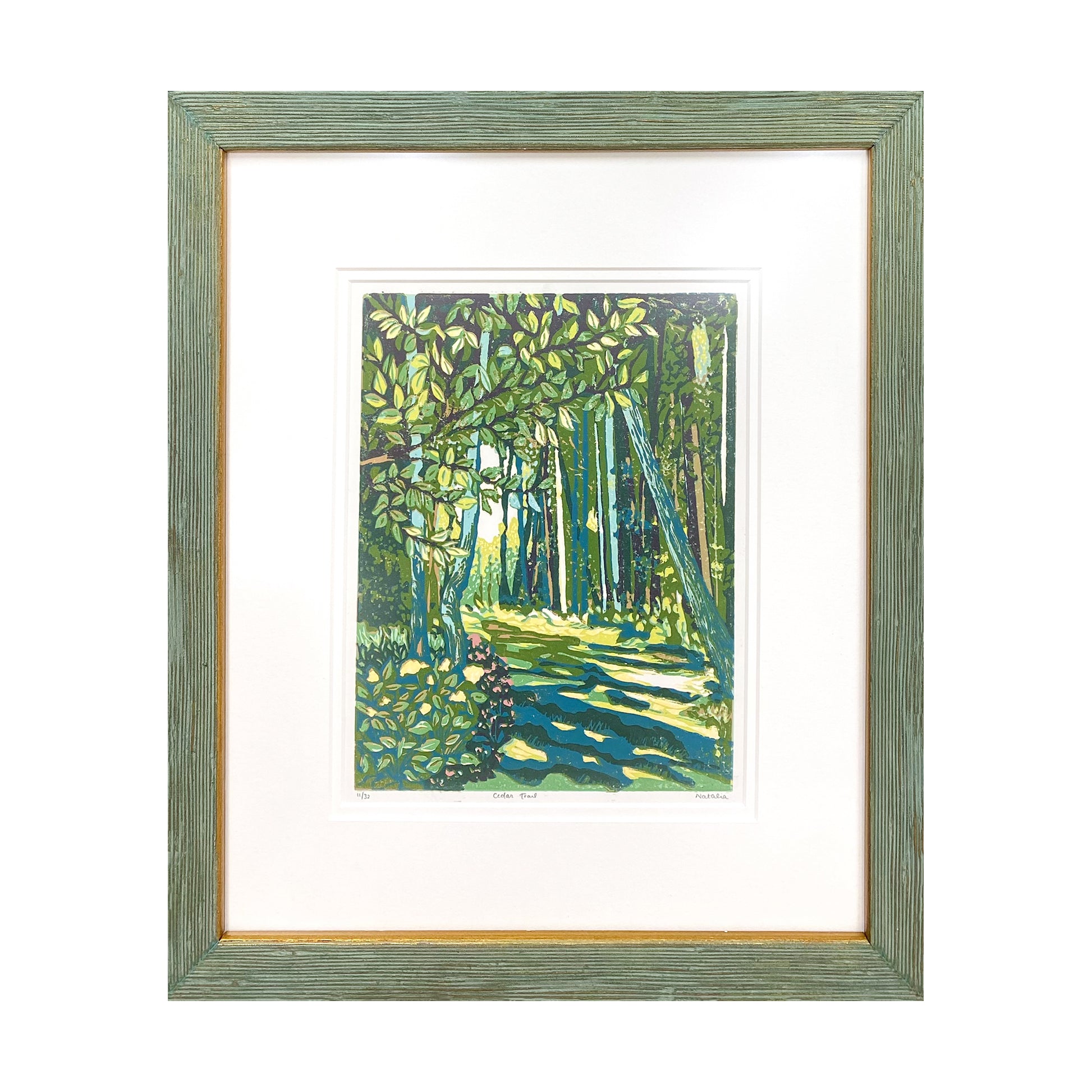 Cedar Trail Original Block Print by Natalia Wohletz of Peninsula Prints.  Presented in a Bella frame.