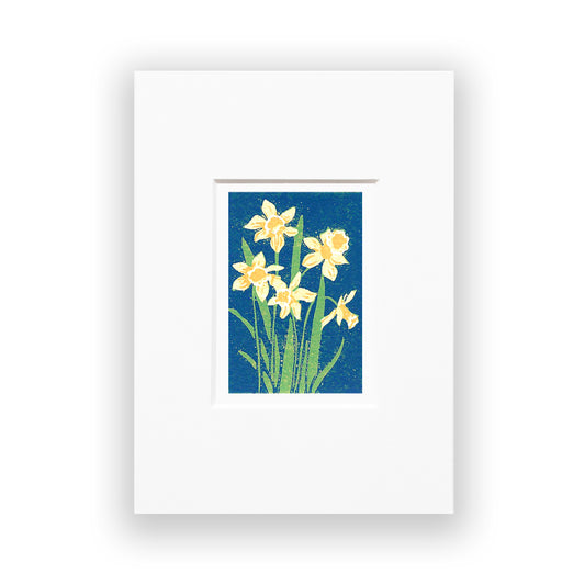 Daffodils is a 2"x3" four-color reduction block print inspired by the joyful spring blooms. Matted in soft white double mat.