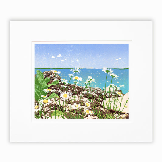 Daisy Shore is a 10" x 8" eight-color reduction block print by Natalia Wohletz of joyful daisies growing amongst limestone rocks on the Mackinac Island shore. Tucked back in the clear blue sky and turquoise water backdrop is the Mackinac Bridge. Matted in white.