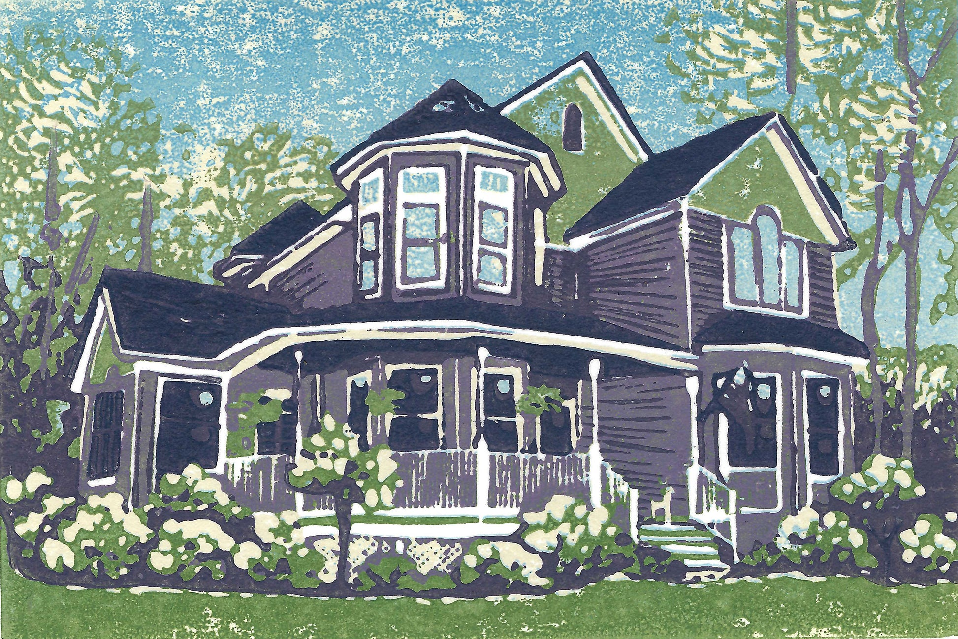 Commissioned 4x6 block print house portrait of a cottage on Mackinac Island.