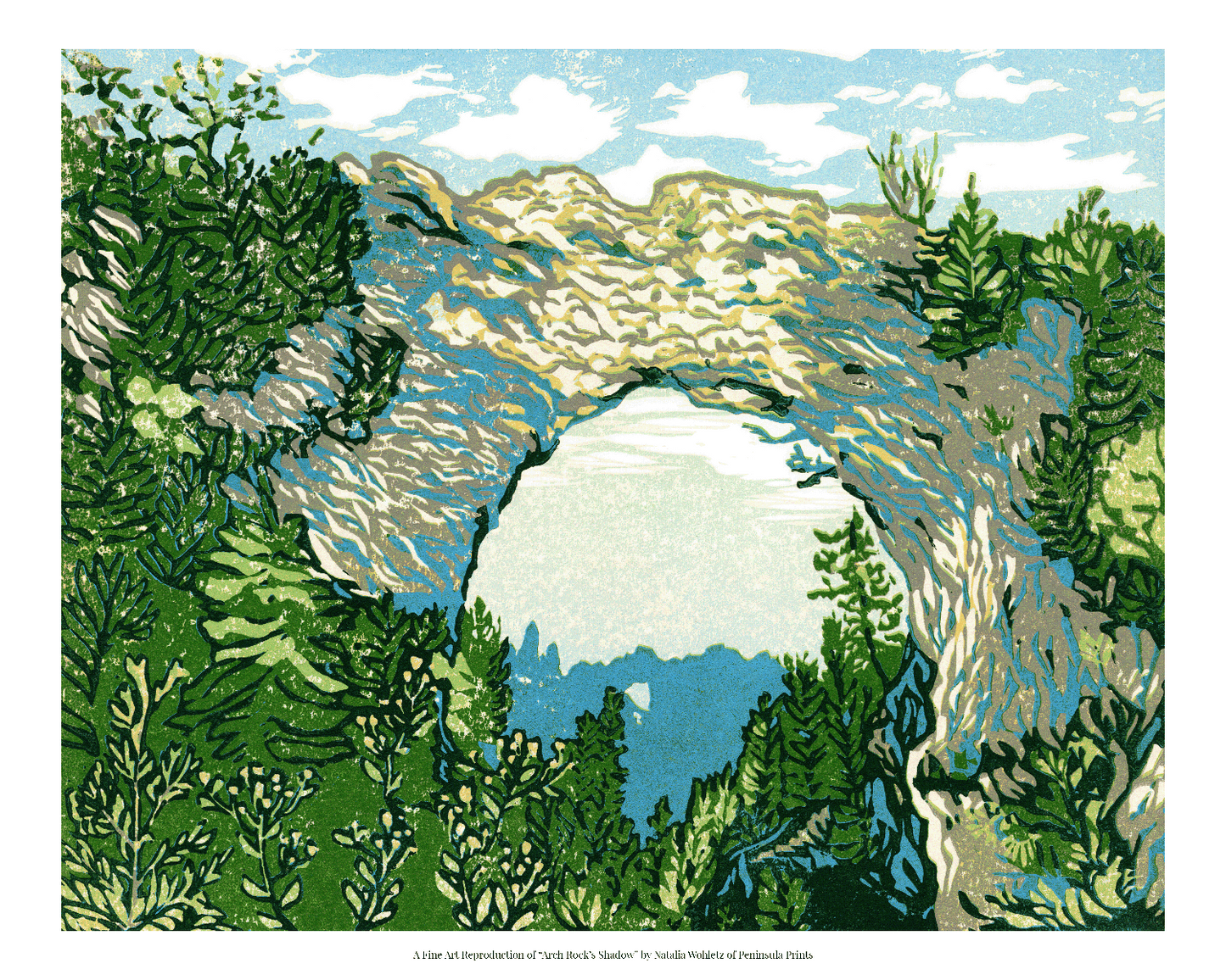 A fine art reproduction of "Arch Rock’s Shadow." an eight-color 10" x 8" print inspired by the most iconic rock formation on Mackinac Island: Arch Rock. The arch is an incredible sight any day, but on crisp, sunny days the light dances along its ridge as well as in the water beyond.
