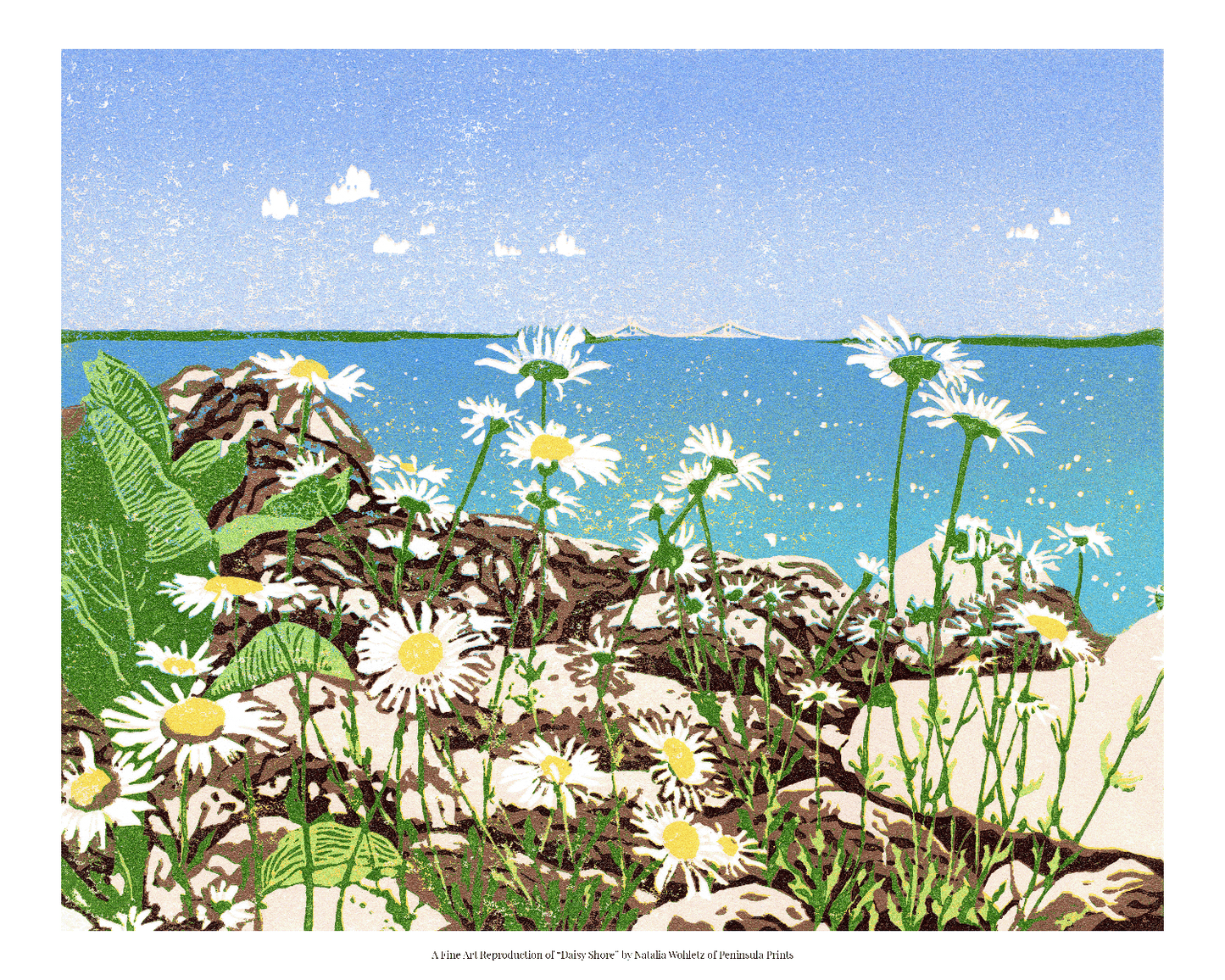 A fine art reproduction of "Daisy Shore," a 10" x 8" eight-color reduction block print of joyful daisies growing amongst limestone rocks on the Mackinac Island shore. Tucked back in the clear blue sky and turquoise water backdrop is the Mackinac Bridge.