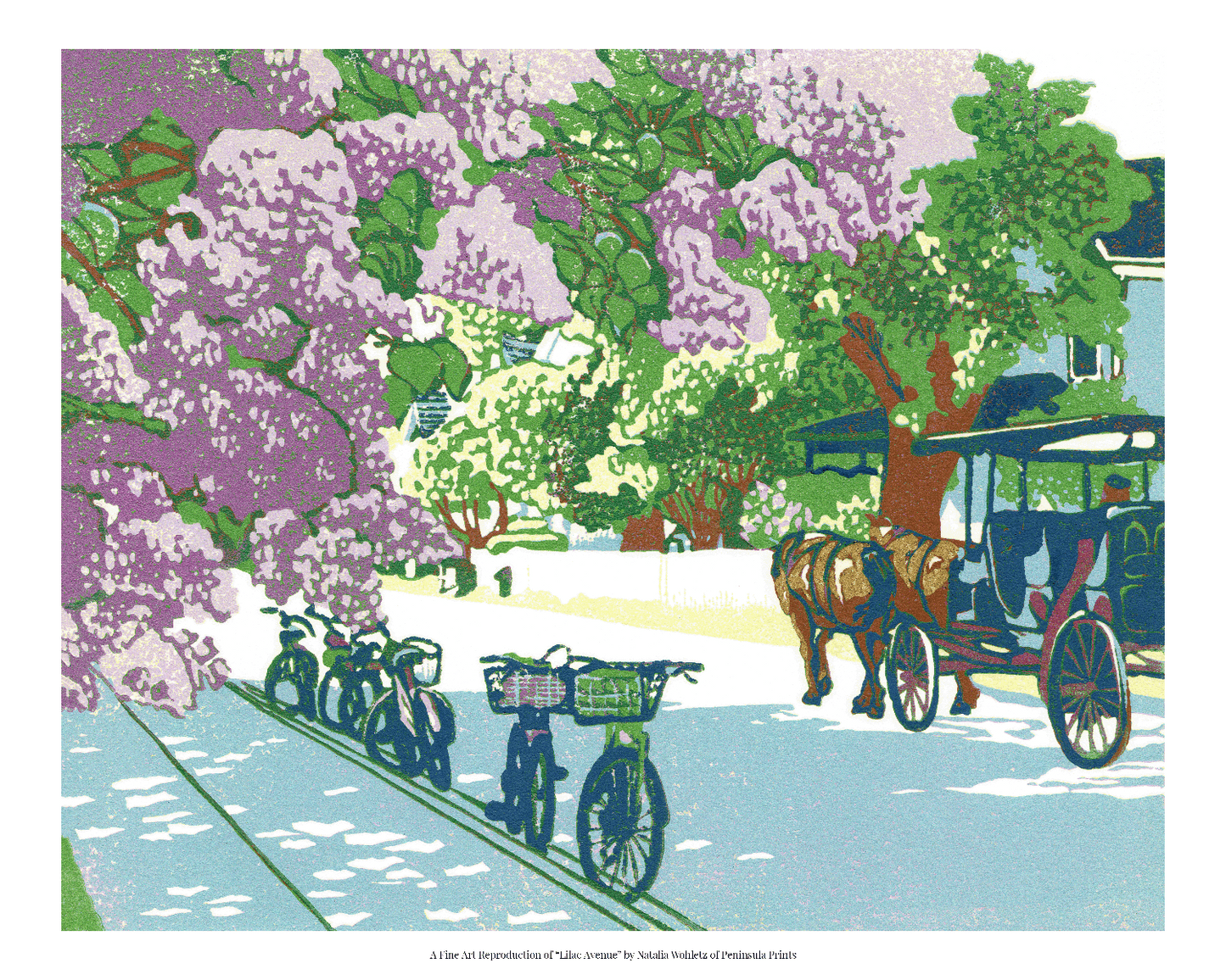 A fine art reproduction of "Lilac Avenue," a nine-color 10" x 8" block print with gold embellishments showcasing a dreamy street on Mackinac Island during the Lilac Festival with the wonderfully-smelling lilac bushes are in full bloom.