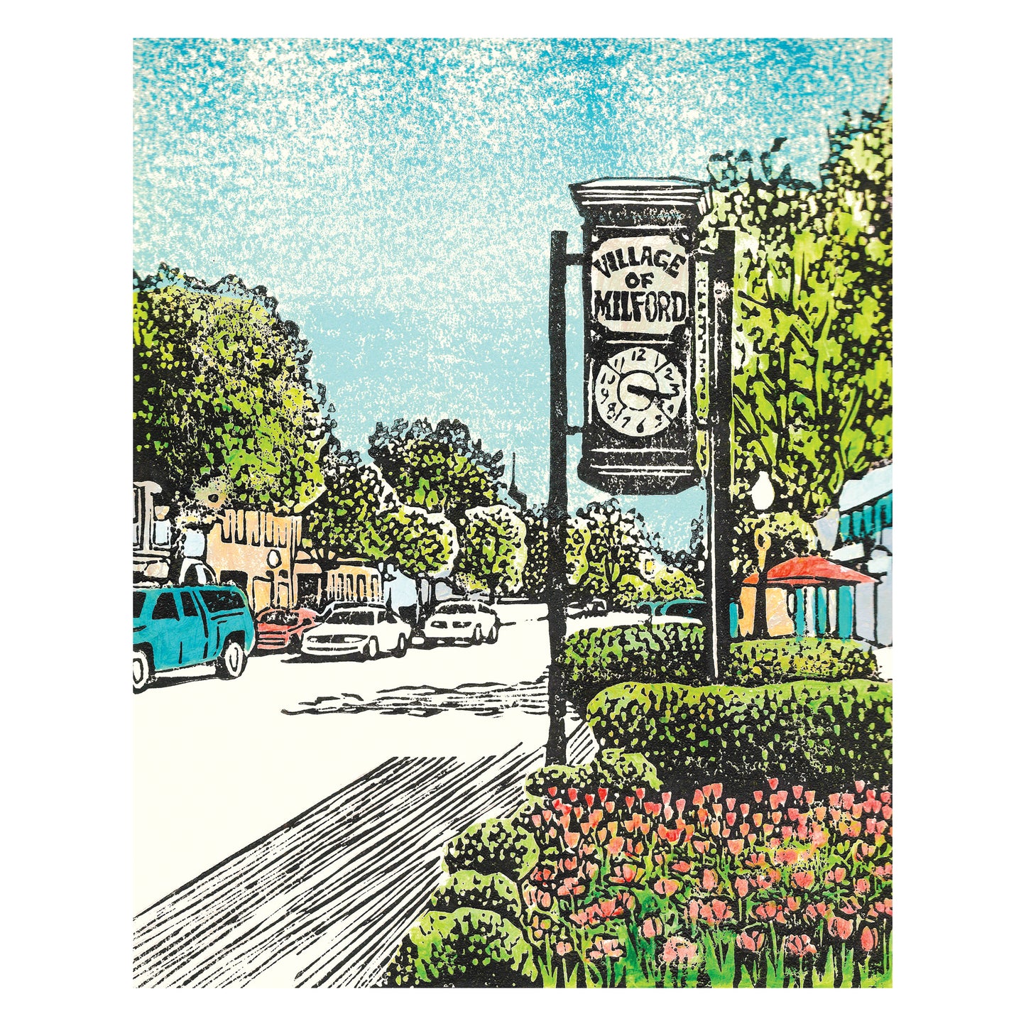 Cars roll down Main Street in Milford, MI, passing colorful shops and restaurants.