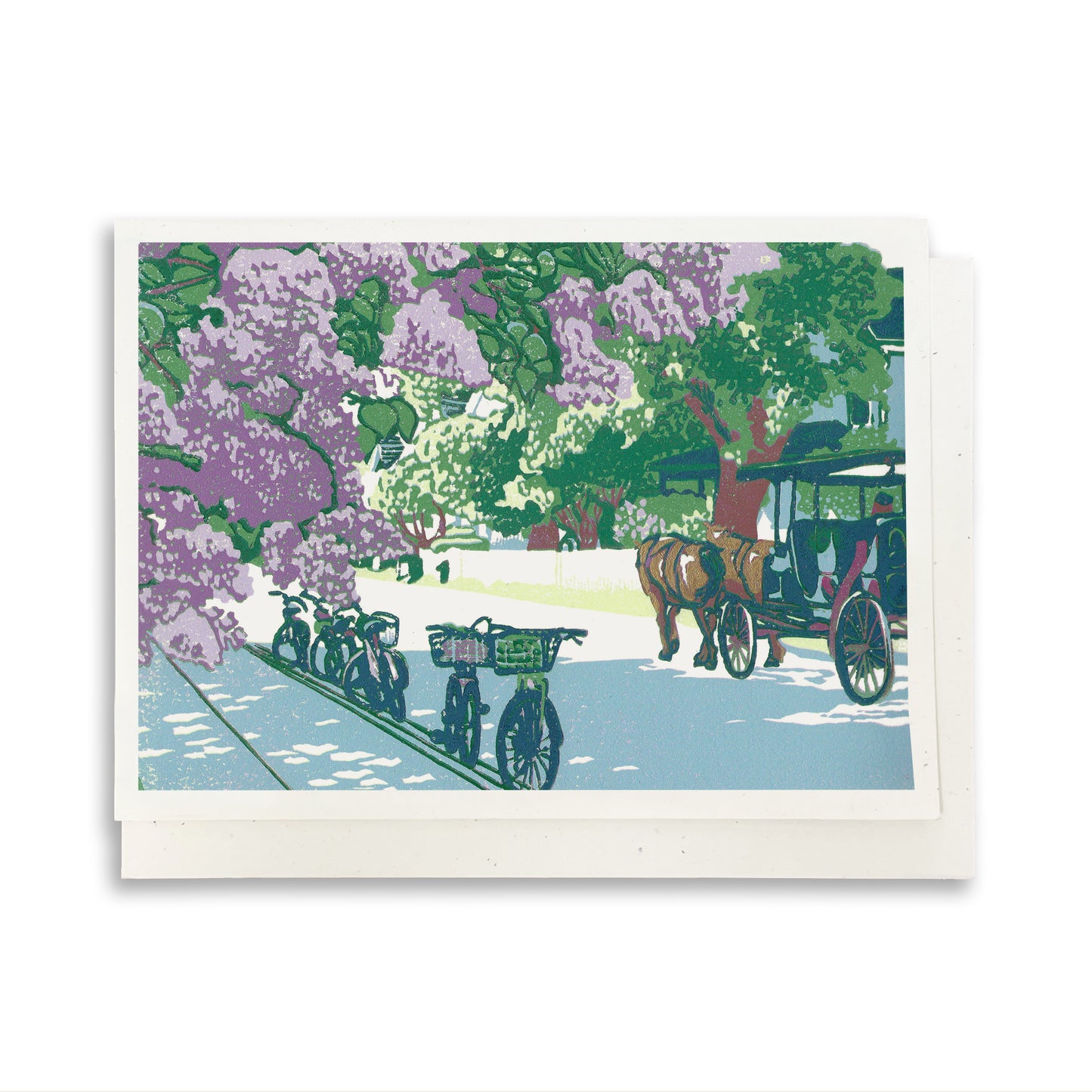A casually elegant greeting card featuring a digital reproduction of Lilac Avenue, an original block print by Natalia Wohletz of Peninsula Prints.