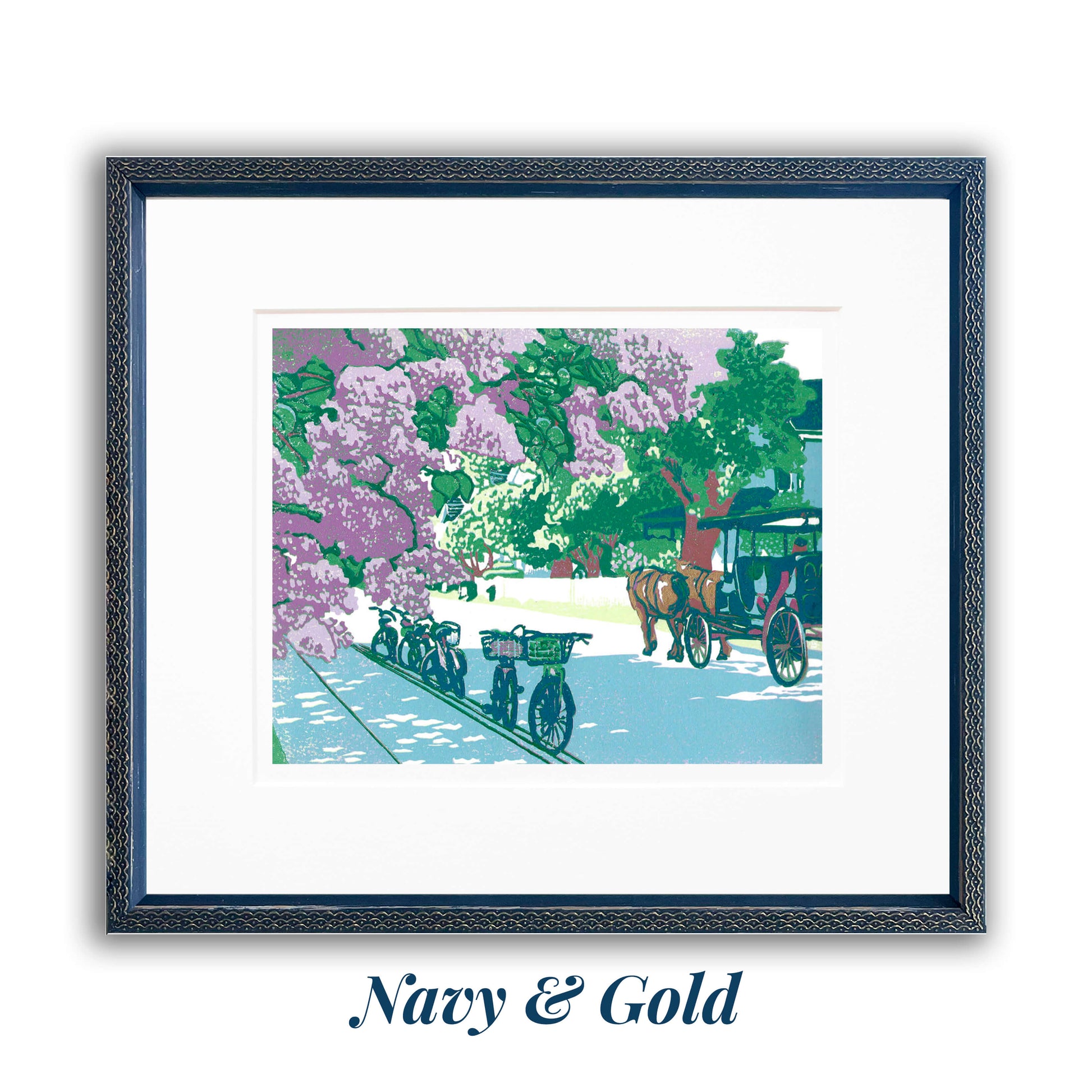 Lilac Avenue is a nine-color 10" x 8" block print with gold embellishments showcasing a dreamy street on Mackinac Island during the Lilac Festival with the wonderfully-smelling lilac bushes are in full bloom.  Matted in white and framed in the Navy & Gold frame option.