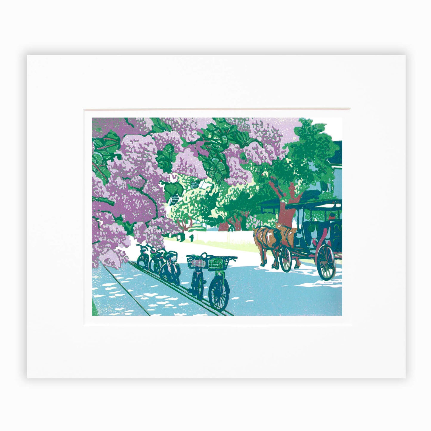 Lilac Avenue is a nine-color 10" x 8" block print with gold embellishments showcasing a dreamy street on Mackinac Island during the Lilac Festival with the wonderfully-smelling lilac bushes are in full bloom.  Matted in white.