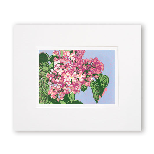 Reduction block print of blooming pink lilacs with olive green leaves against a periwinkle background. Matted in white.