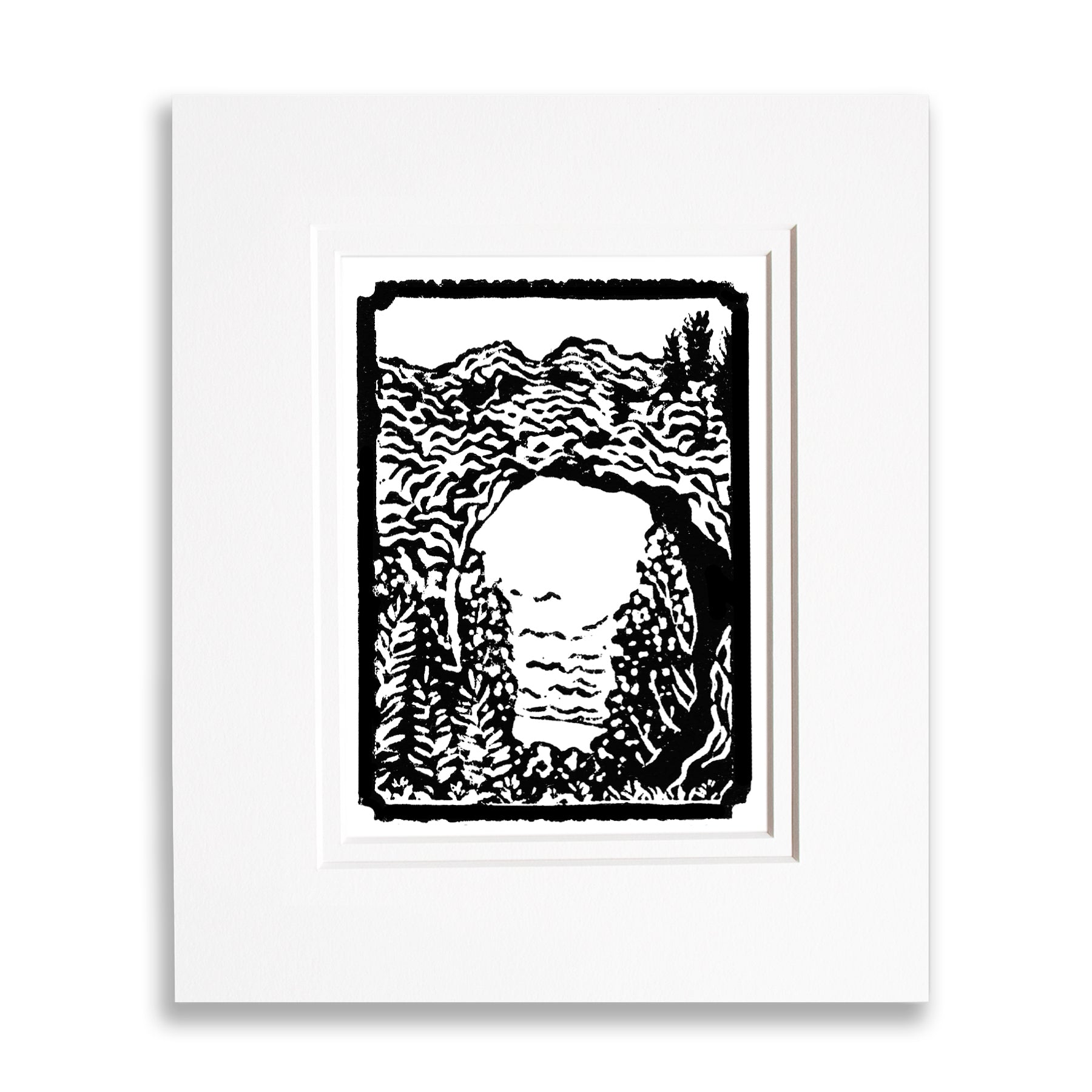 Mini Arch Rock 3"x4" one-color black and white block print of Arch Rock on Mackinac Island. Double matted with white mat.