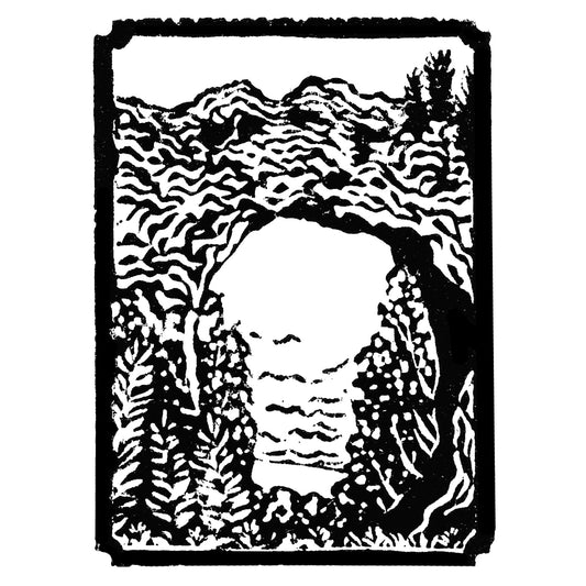 Mini Arch Rock 3"x4" one-color black and white block print of Arch Rock on Mackinac Island.