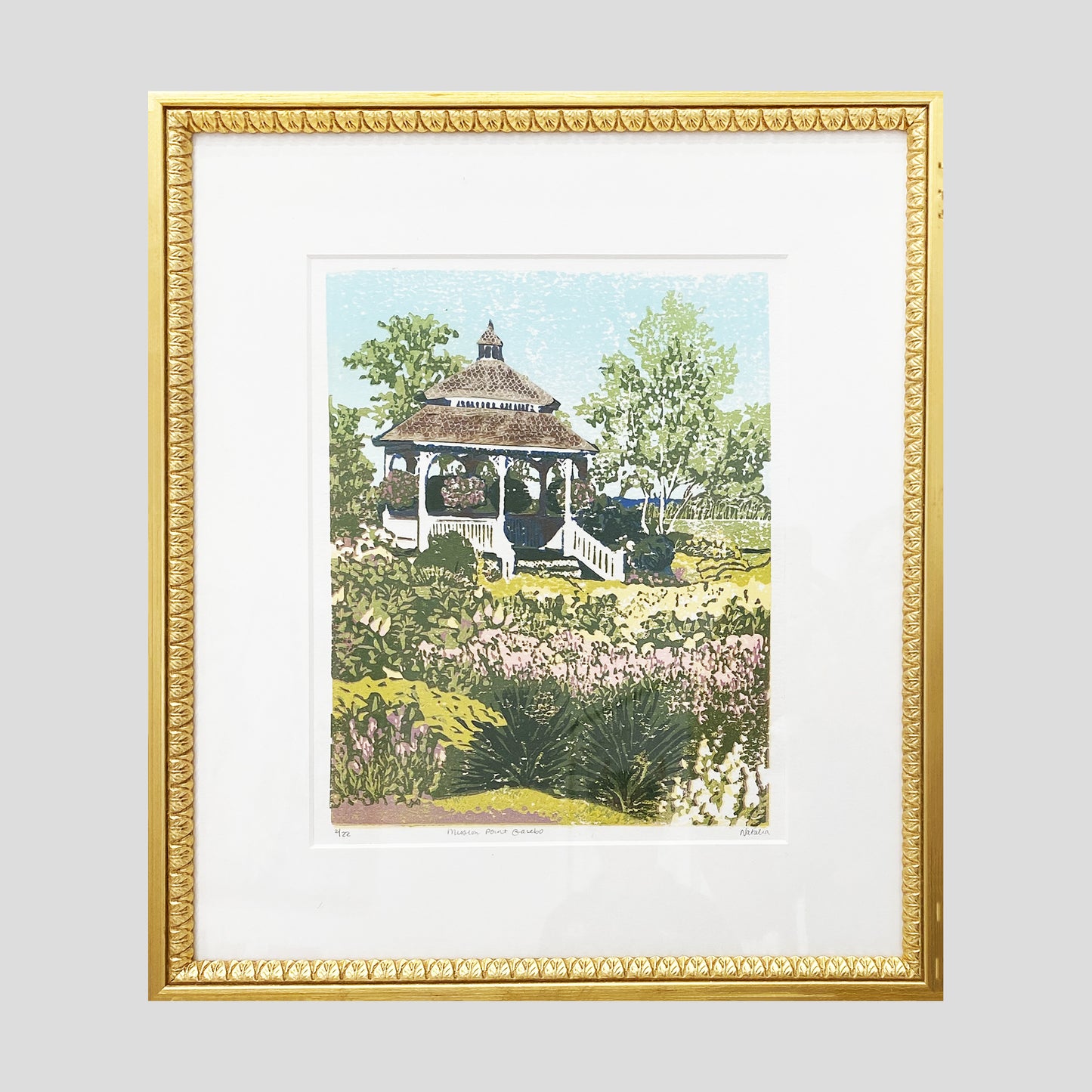 Mackinac Island Art by printmaker Natalia Wohletz of Peninsula Prints titled Mission Point Gazebo.