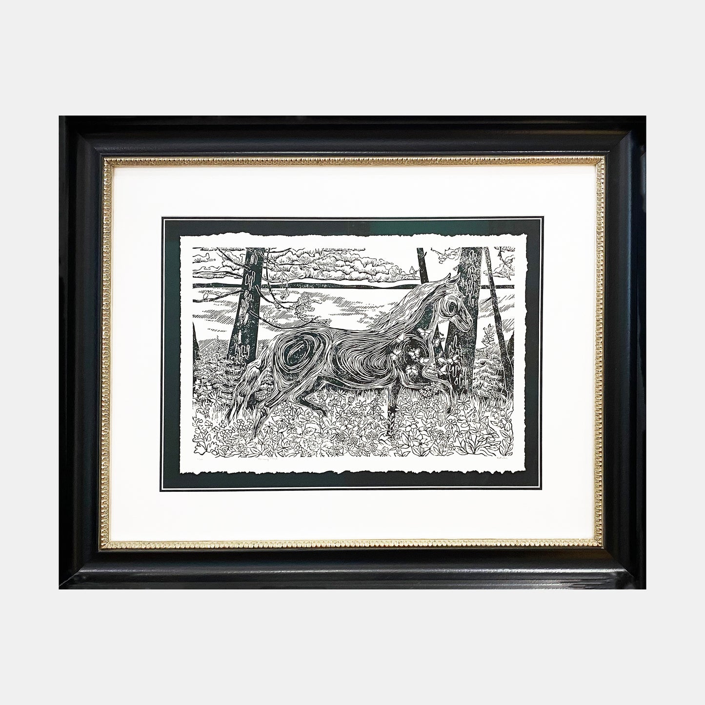 Framed horse art by Natalia Wohletz of Peninsula Prints, Milford & Mackinac Island, Michigan, titled Morning Frolic #1.